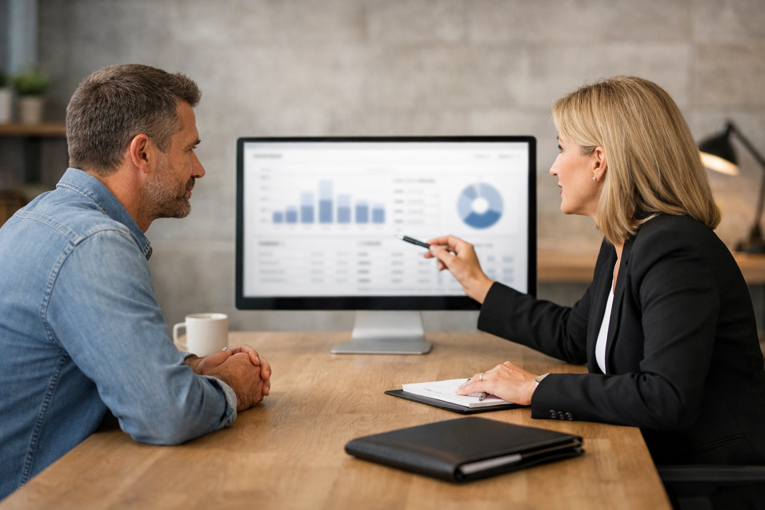 Shop owner and bookkeeper reviewing a profit dashboard to navigate service business financial growth.