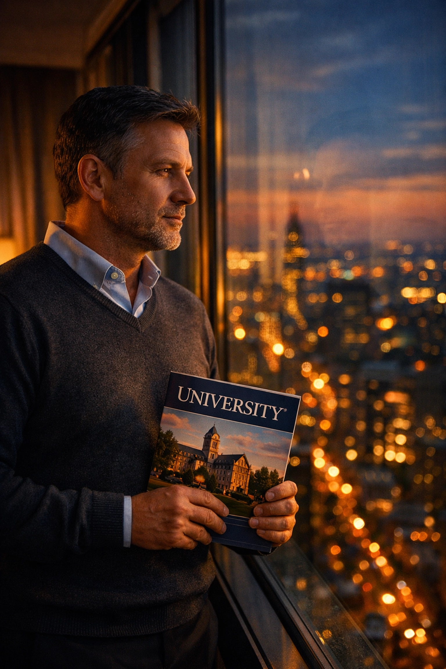 An executive reviewing university brochures while considering college funding strategies beyond the 401k cap.