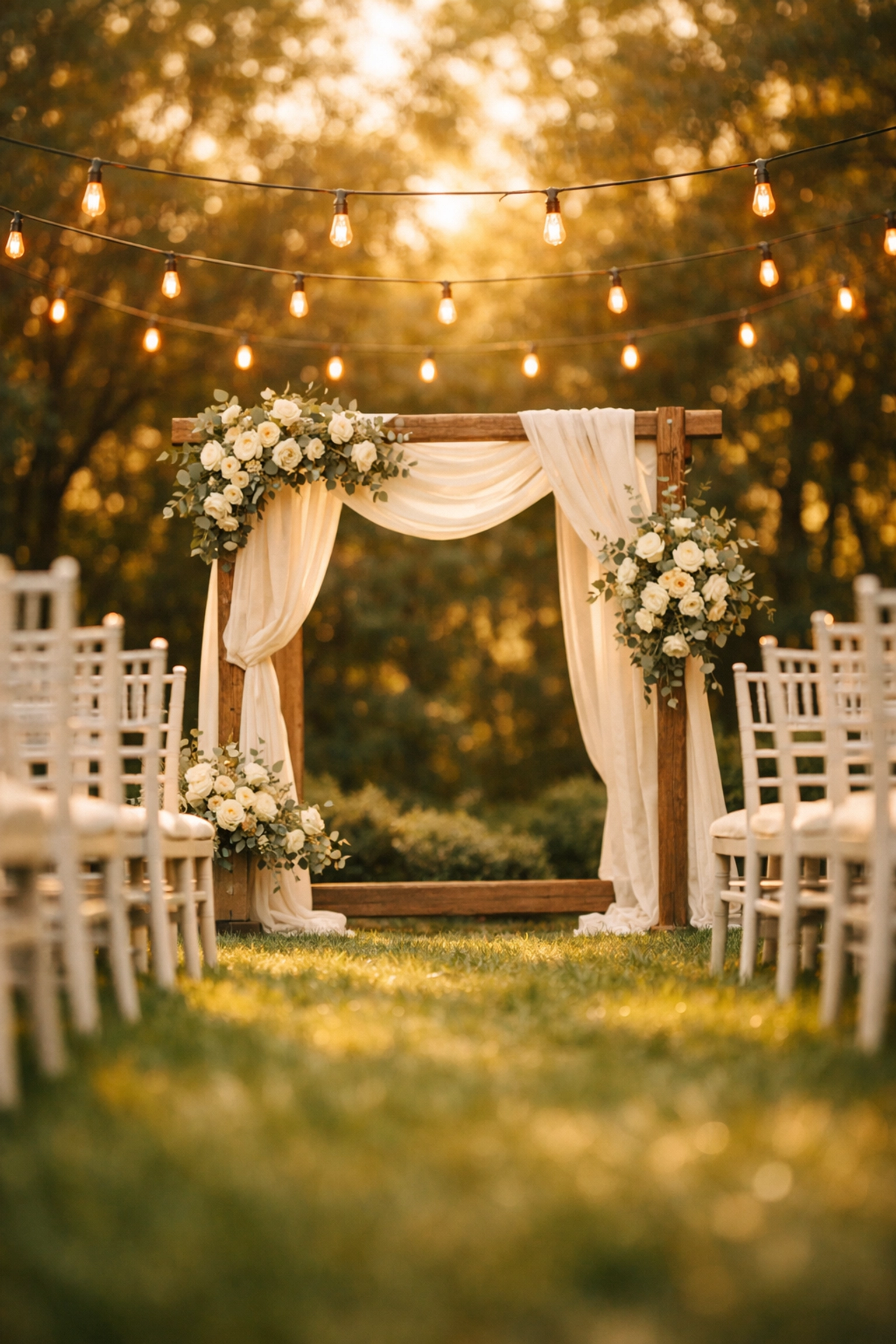 Elegant outdoor garden wedding ceremony aisle with white chairs and a rustic floral altar at The Sugarhouse venue.