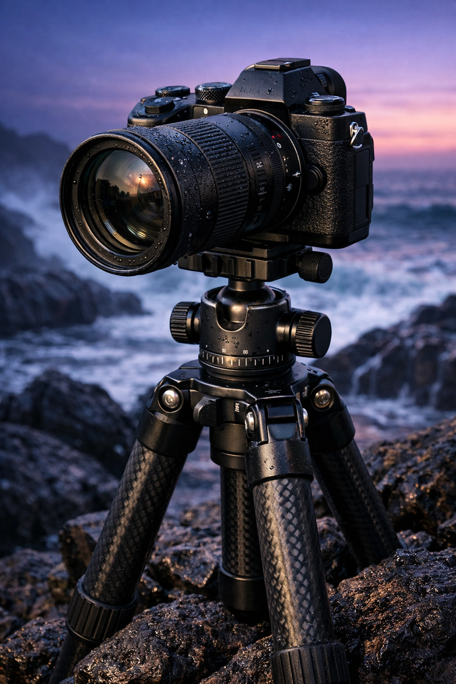 Professional camera on a tripod for steady shots during a dawn landscape photography session.