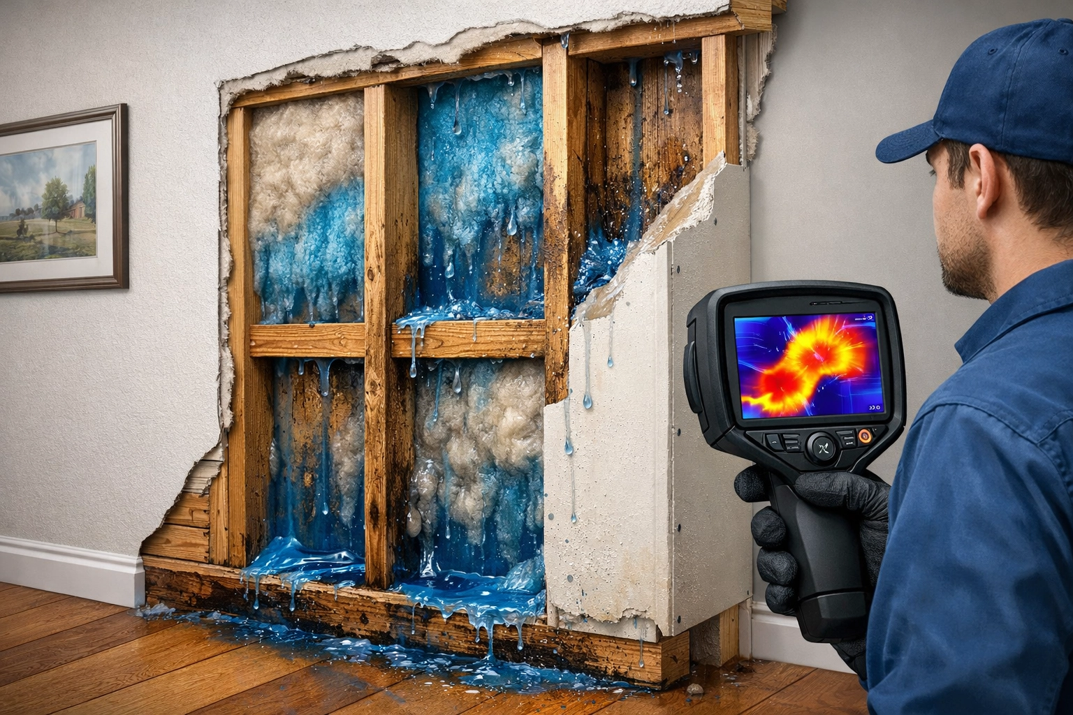 Hidden water damage behind walls detected with infrared moisture detection camera