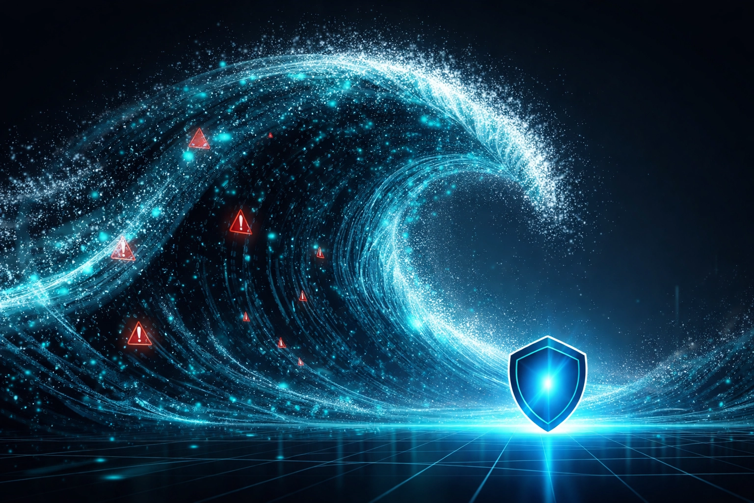 A massive wave of data and vulnerabilities crashes toward a digital shield, symbolizing the surge of AI-driven cyber threats.