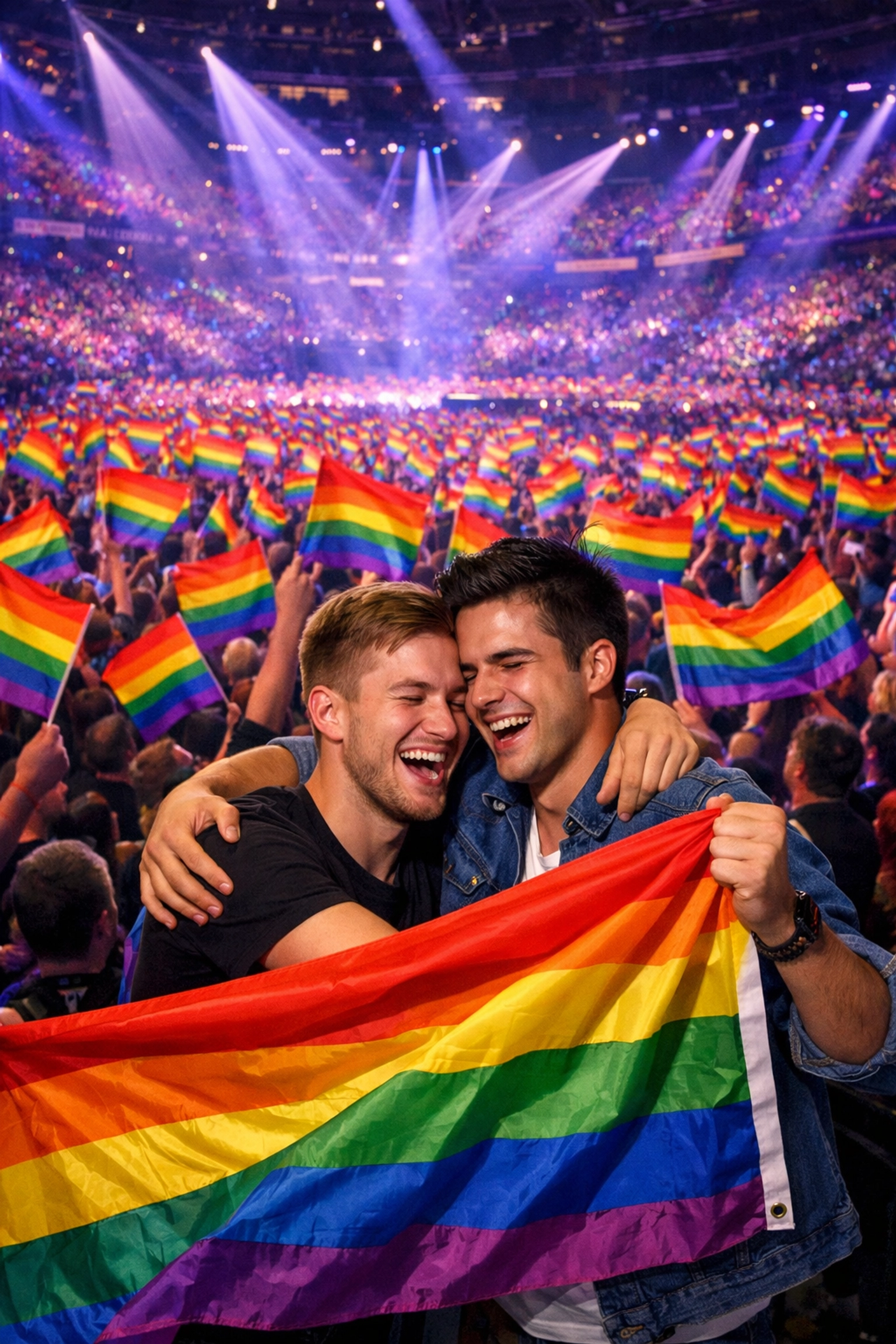 Thousands of rainbow Pride flags filling Eurovision arena with LGBTQ+ fans celebrating