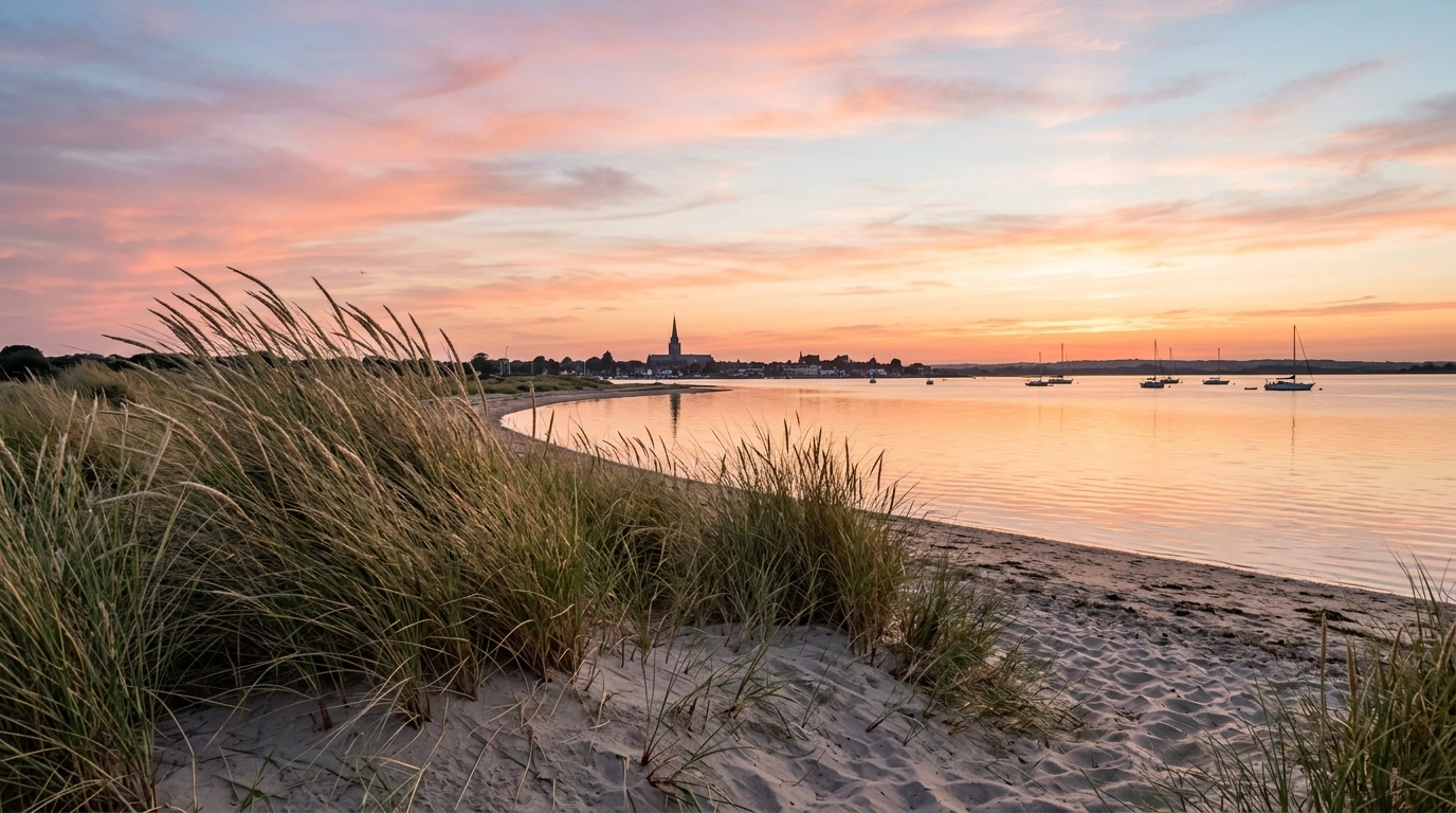 A serene view from the sand dunes looking toward Chichester Harbour at sunset
