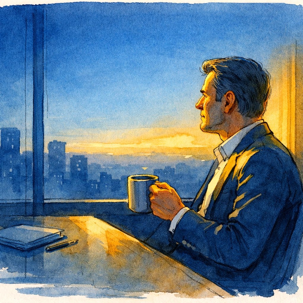 Executive practicing a presence reset at an office window by Dr. Layne McDonald - www.laynemcdonald.com