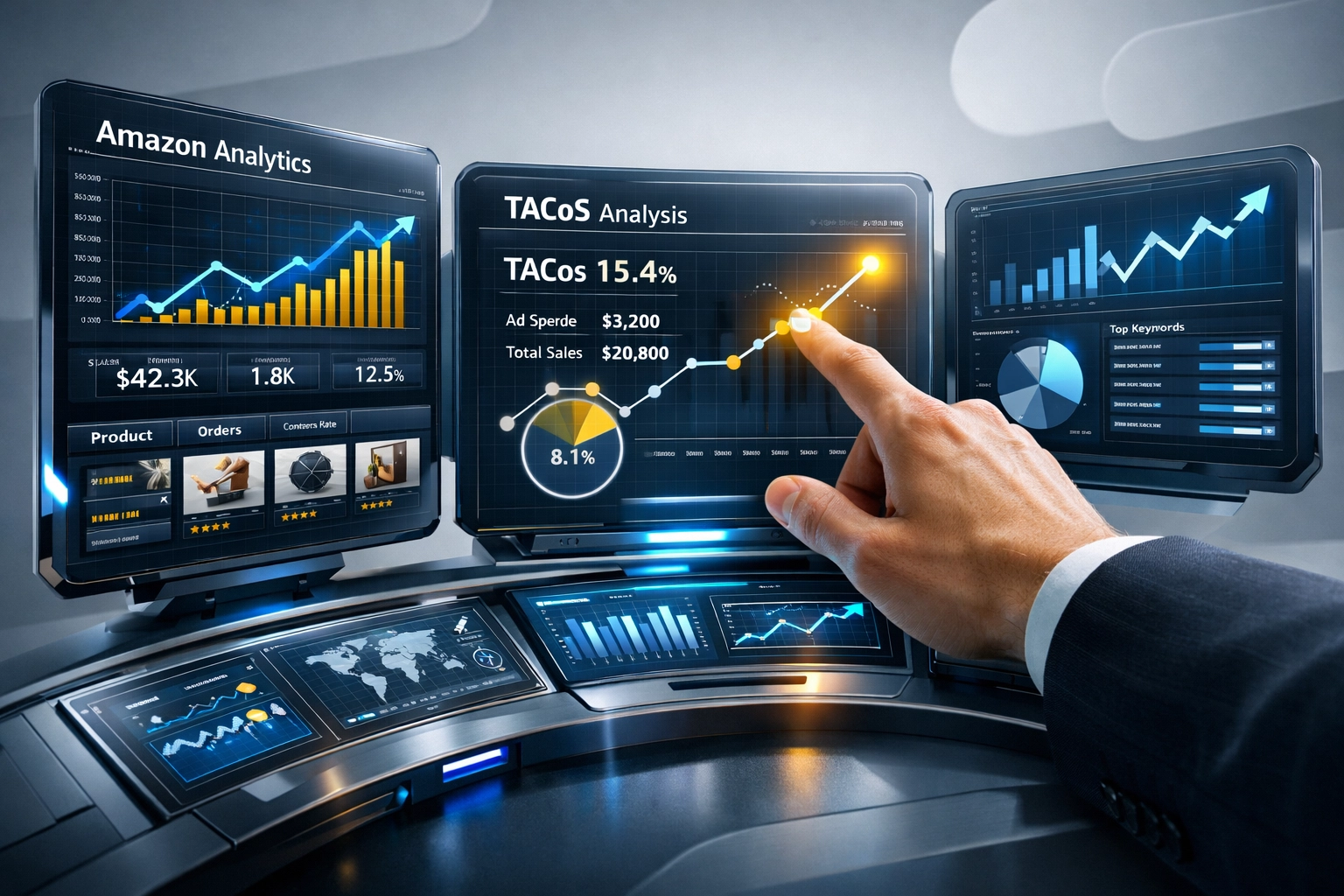 Amazon analytics dashboard displaying TACoS metrics and performance data for sellers