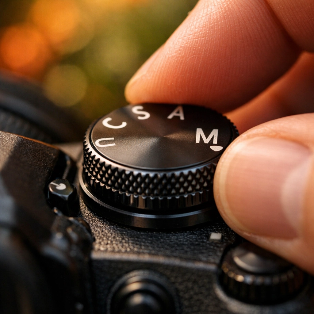 A photographer switching a camera dial to M for Photography 101: A Beginner’s Guide to Mastering Manual Mode.