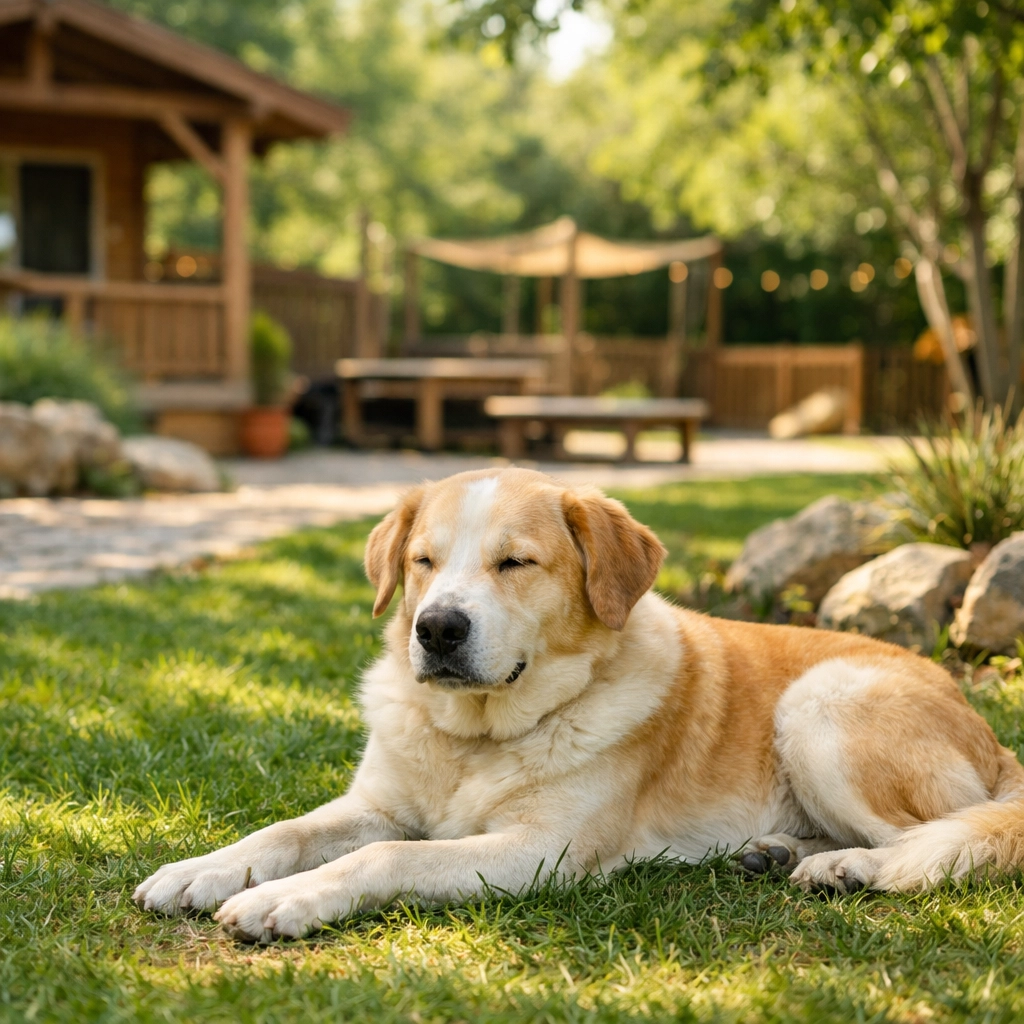 Calm dog resting in stress-free environment at holistic dog resort