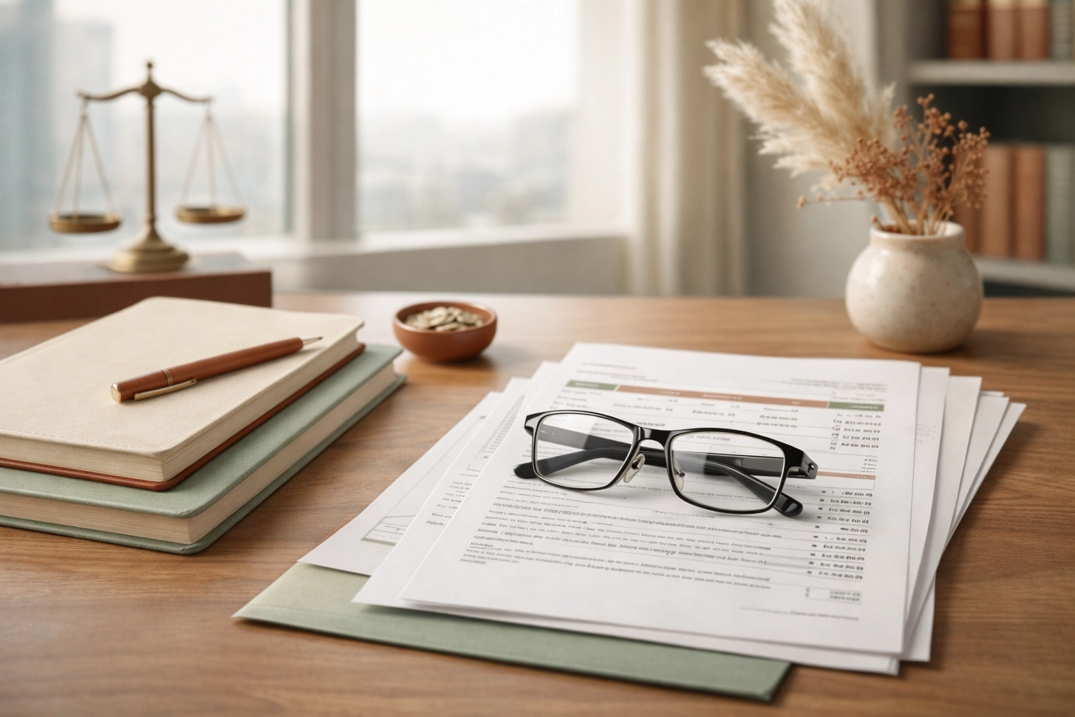Legal and financial documents arranged on a desk for a spousal support in Virginia matter.
