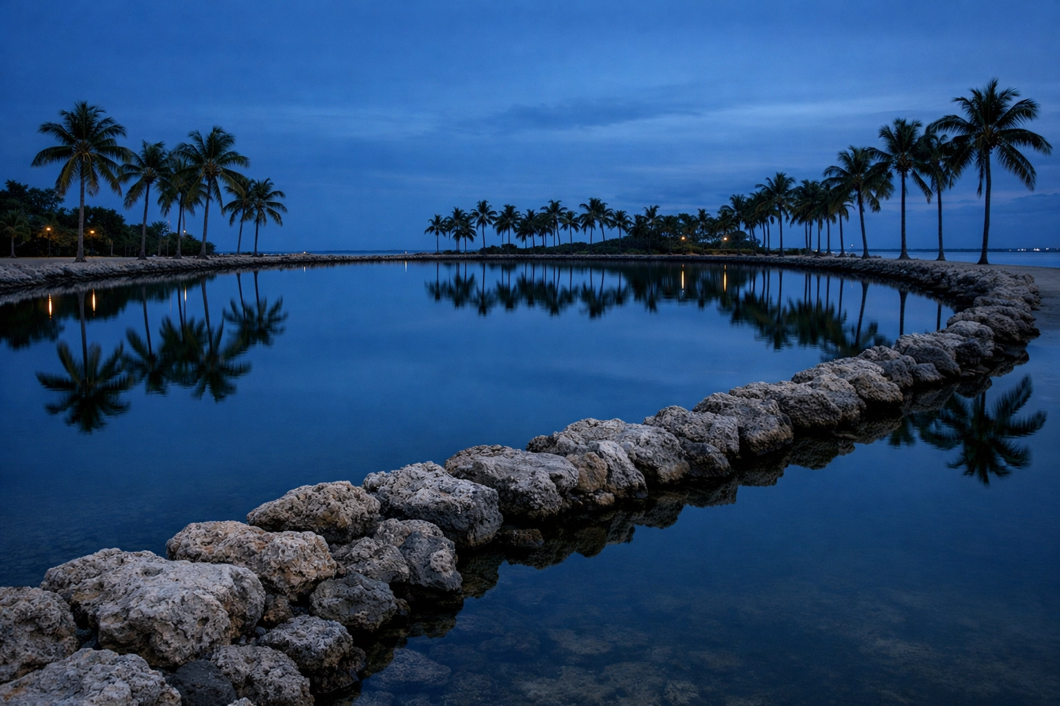 Still waters and palm trees at Matheson Hammock Park atoll pool, a serene Miami photo spot at blue hour.