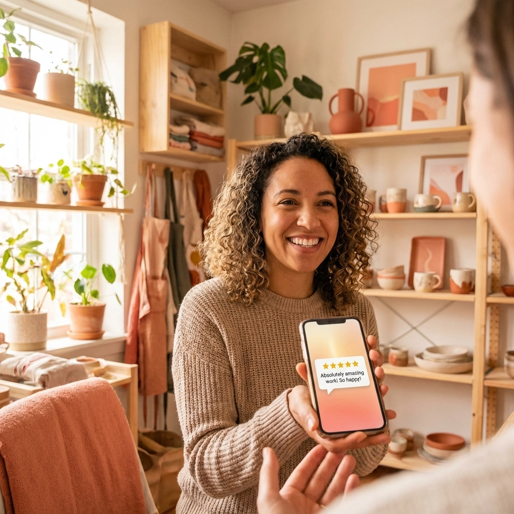 Small business owner holds phone showing positive customer review in a cozy boutique