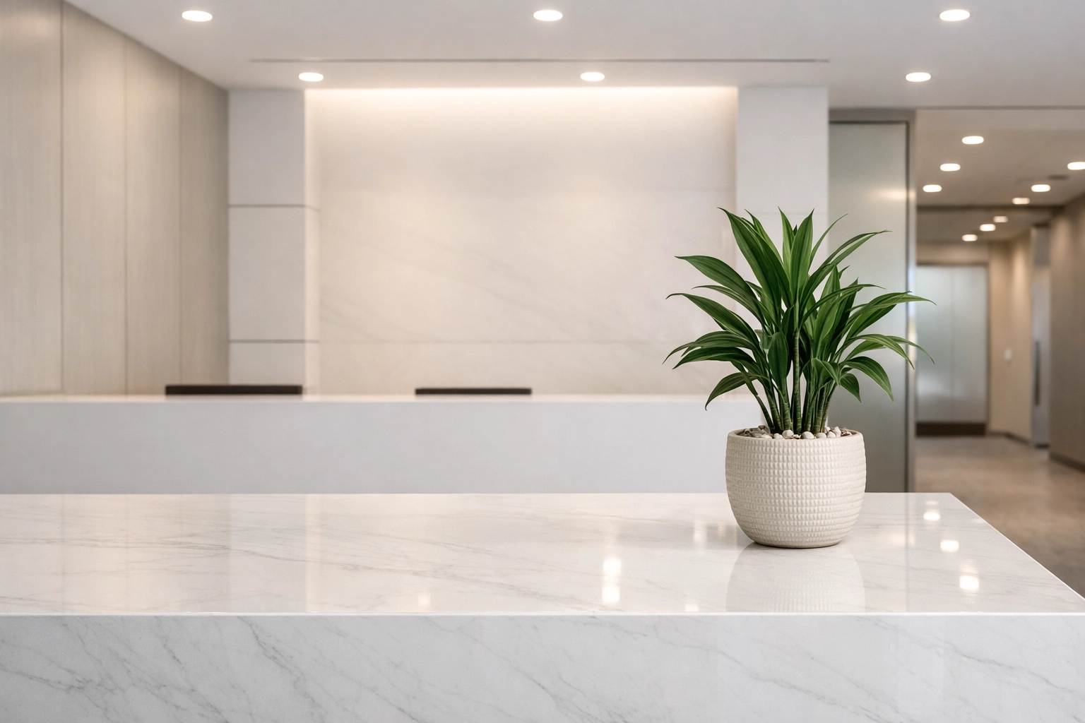 Polished and clean professional office reception area ready for a company sale and buyer visits.