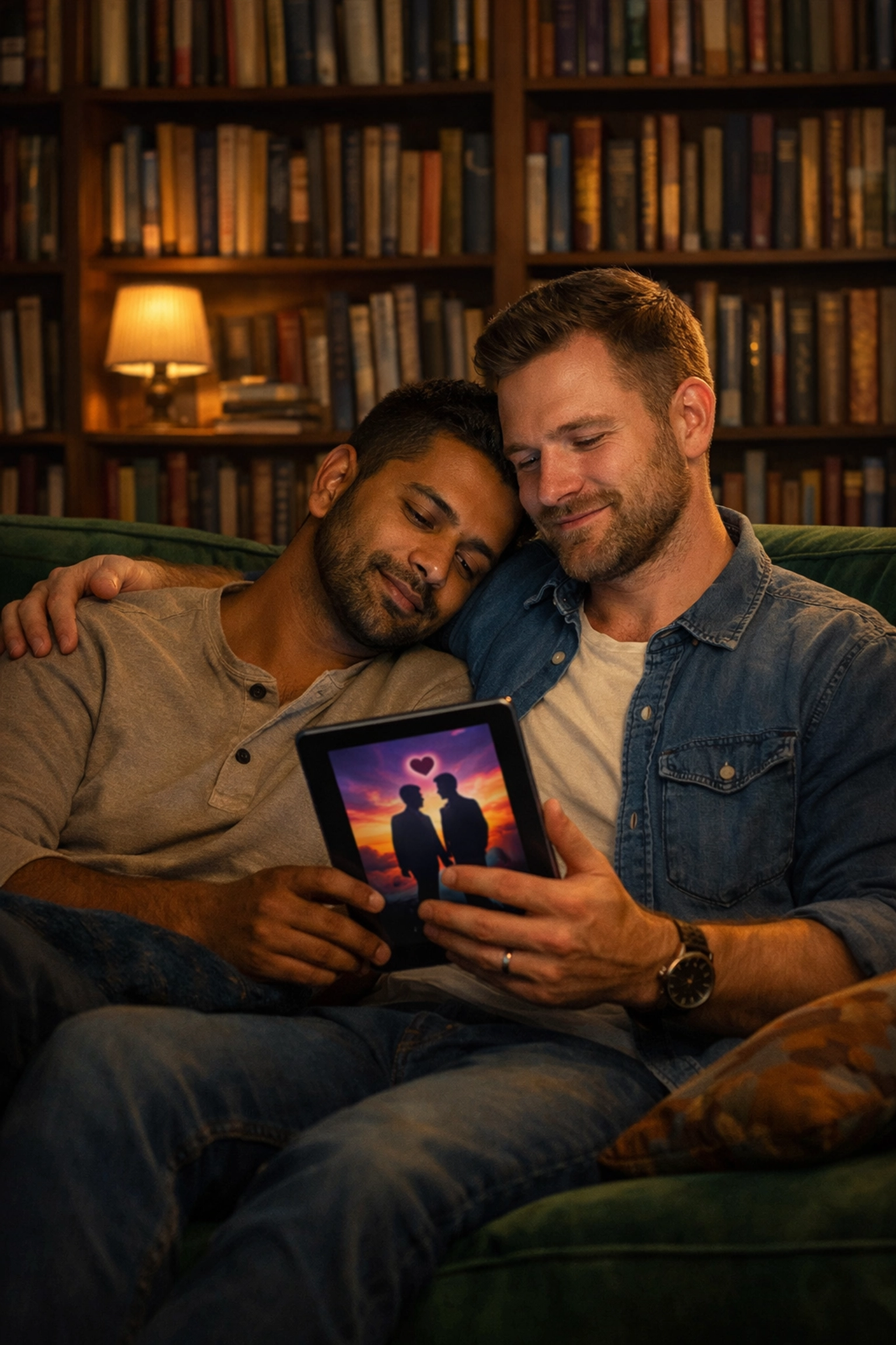 Two men reading MM romance books and queer fiction together to build empathy and personal professional growth.