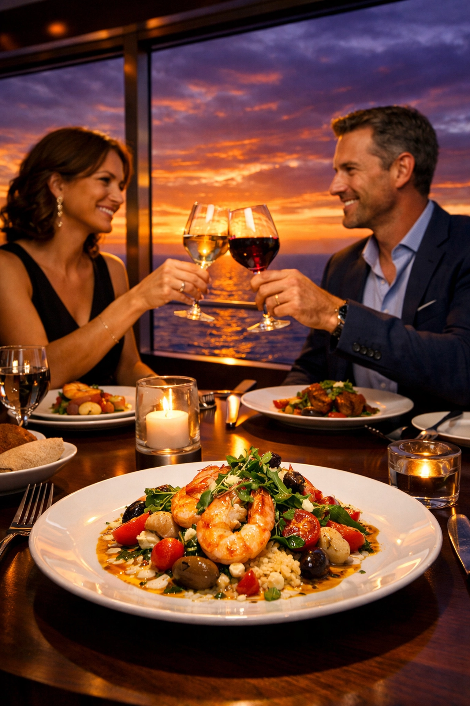 Gourmet dining at a cruise ship specialty restaurant with sunset ocean views, perfect for a romantic vacation.