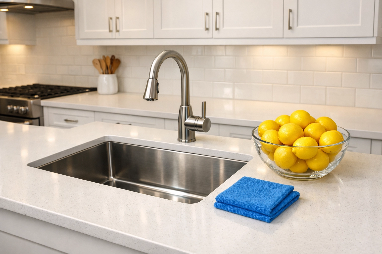Sparkling clean kitchen with white countertops and a microfiber cloth ready for weekly house cleaning.