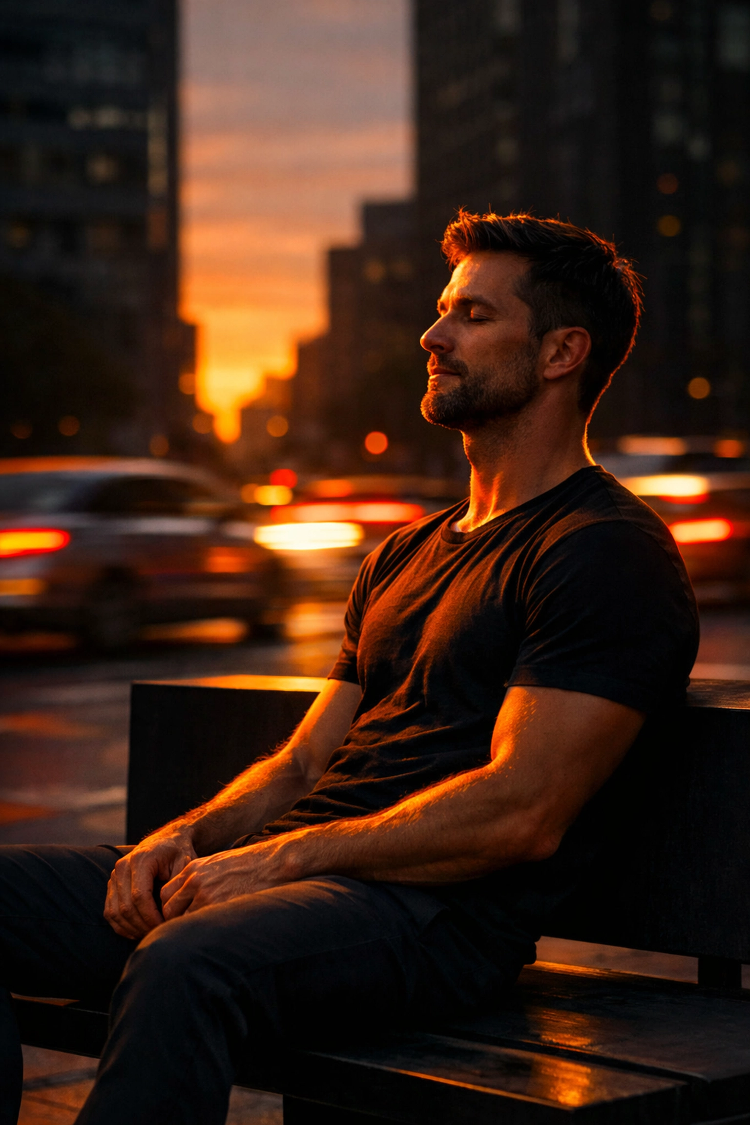 Alt Text: High-contrast photo of a relaxed runner sitting on a park bench at sunset, orange-and-black tones and bold shadows, shoulders dropped and calm breathing—visualizing parasympathetic “rest and digest” recovery after a run.