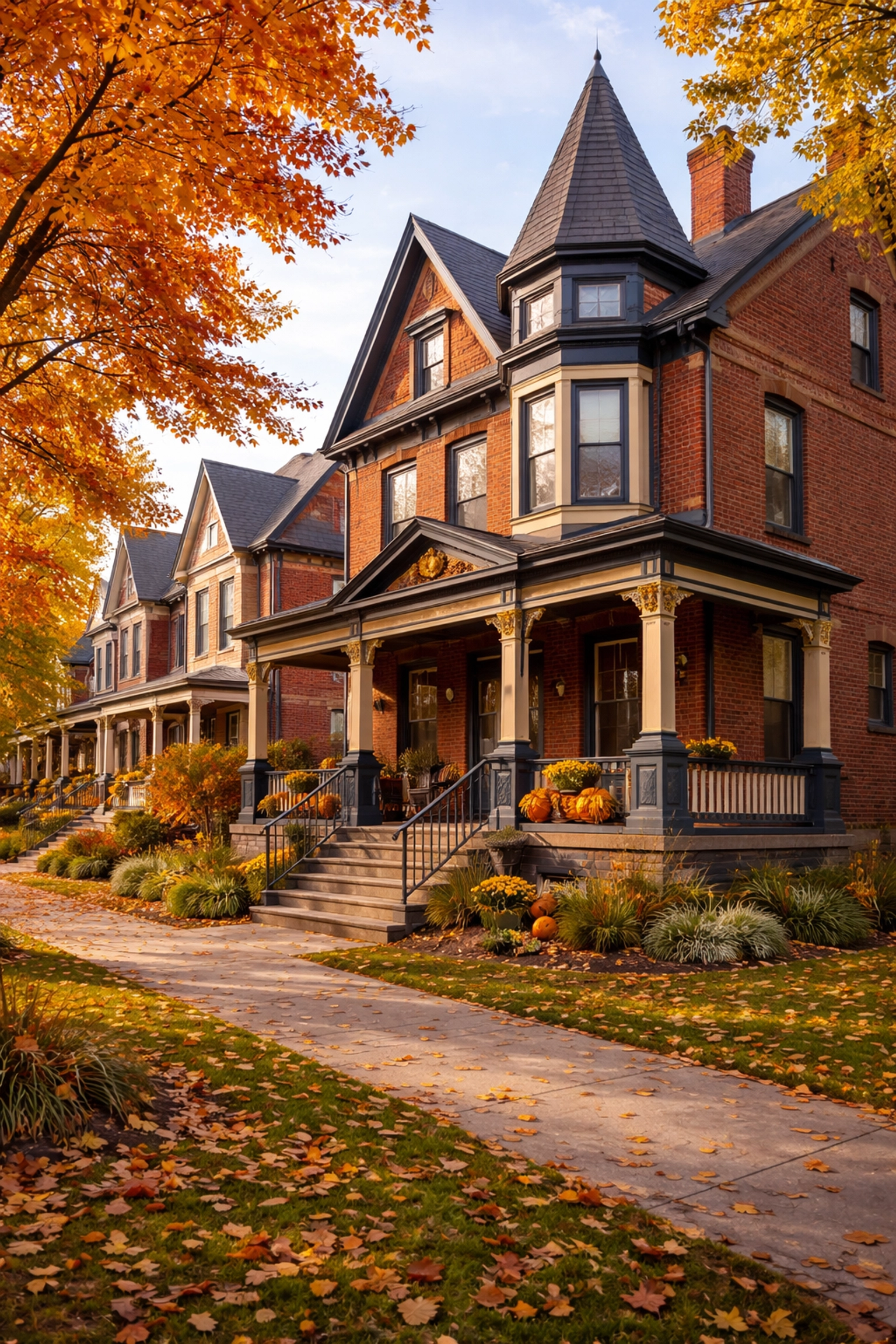 Renovated brick row house in Cleveland during fall, exemplifying affordable real estate and cash flow potential.
