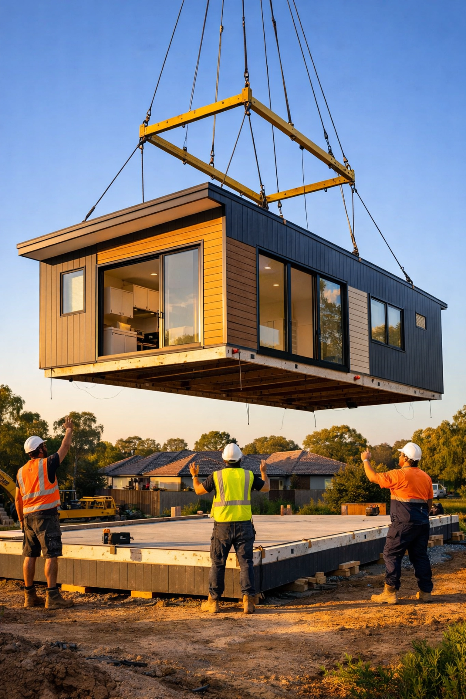 Modular home section being installed on foundation demonstrating fast construction timeline