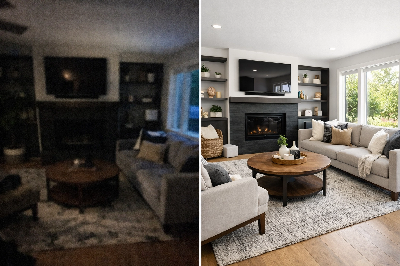 Amateur vs professional real estate photos showing same living room with dramatic quality difference