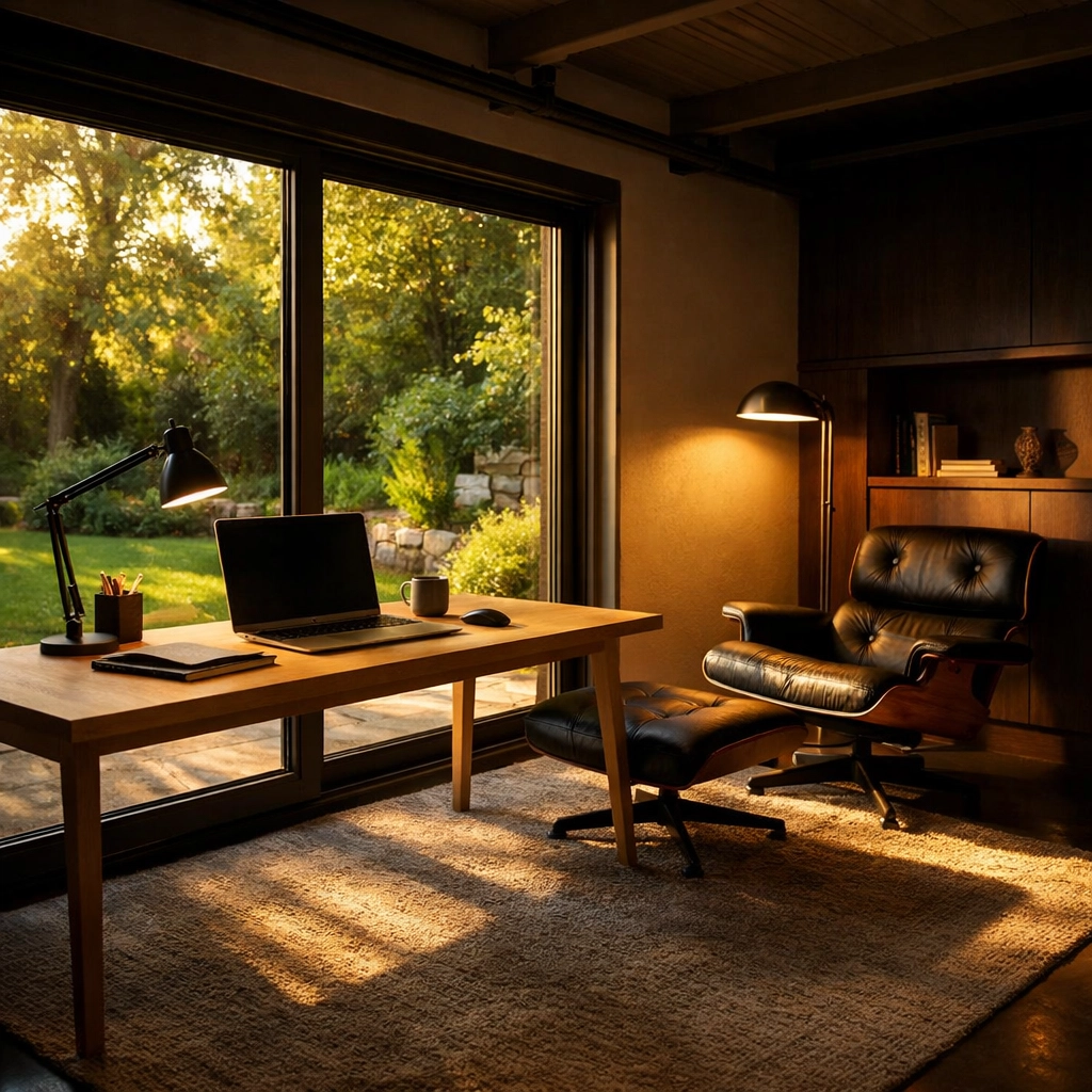 Modern home office garage conversion in West Sussex with large windows and premium oak finishes.