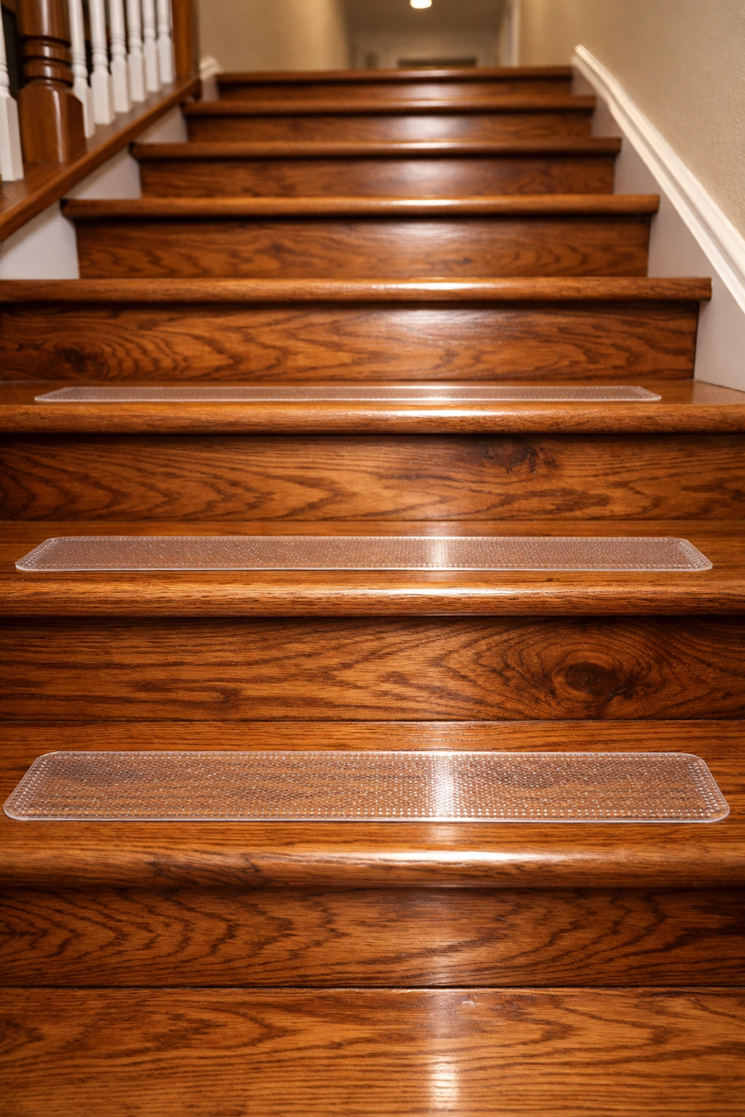 Transparent non-slip adhesive treads on hardwood stairs to provide traction and prevent slips.