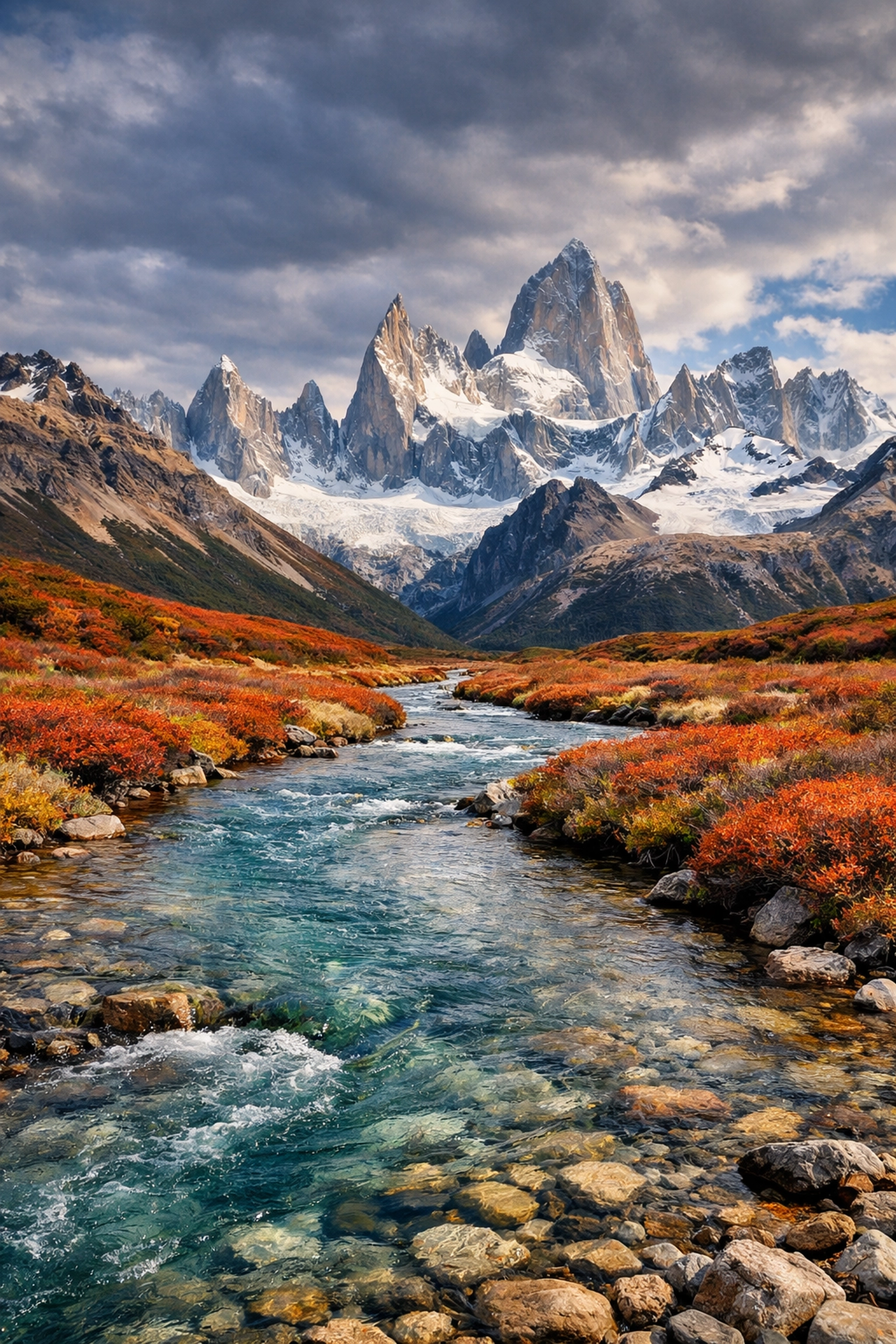 Winding river leading to snow-capped mountains using leading lines for better landscape photography composition.