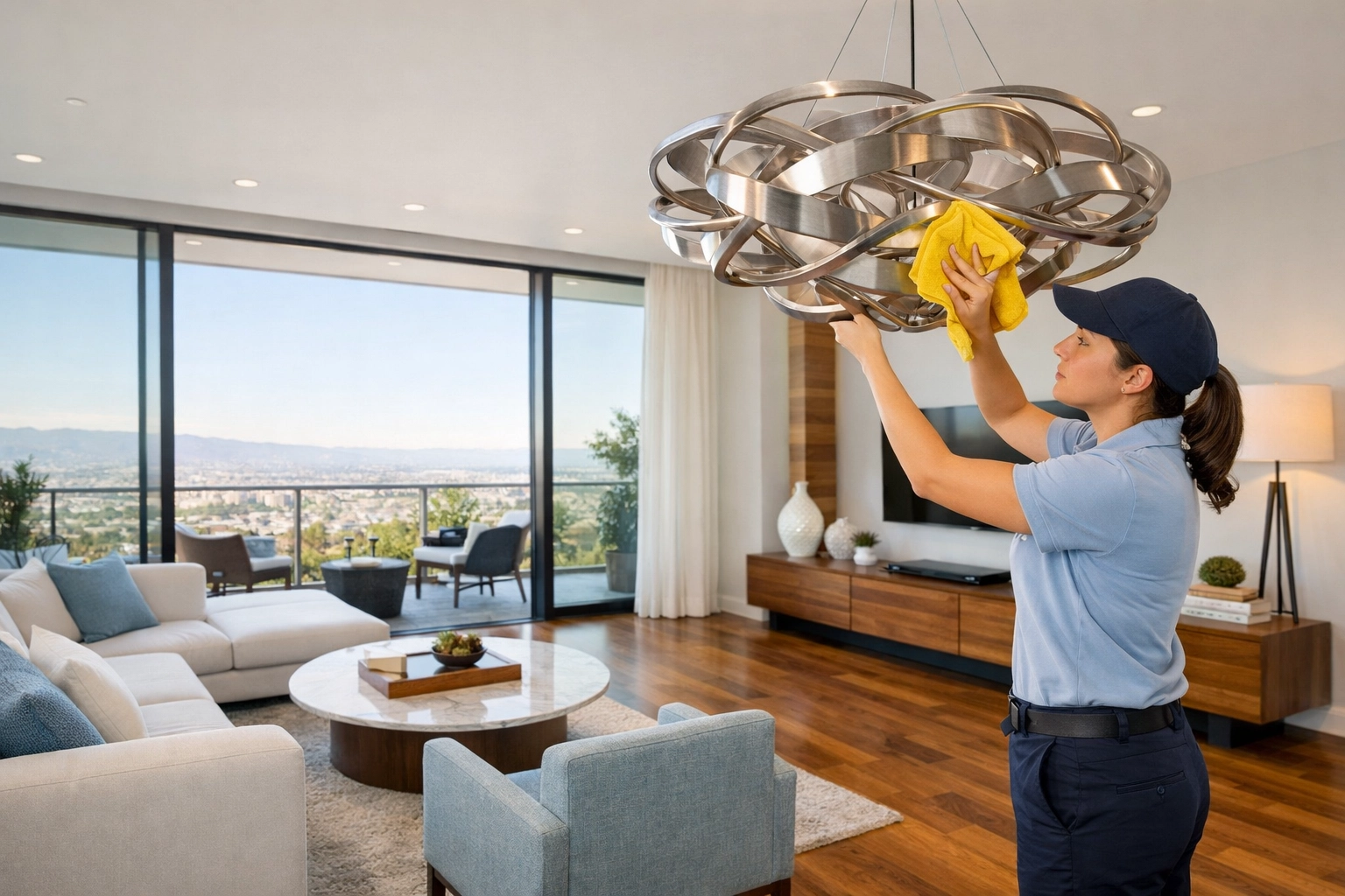 Professional cleaner using a yellow microfiber cloth to dust a modern light fixture in a clean living room.