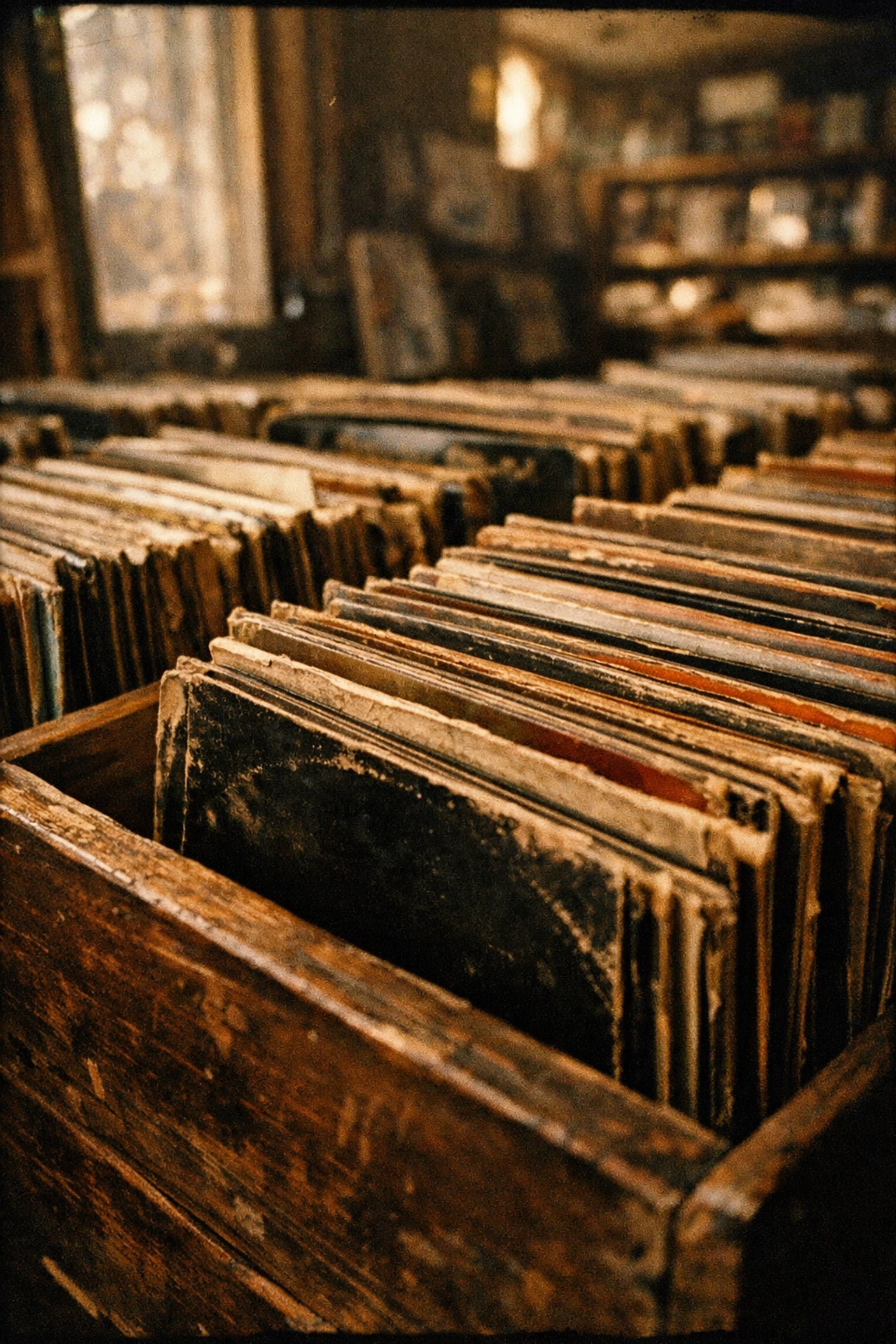 Browsing through bins of vintage used jazz vinyl records at a local record store in Los Angeles.