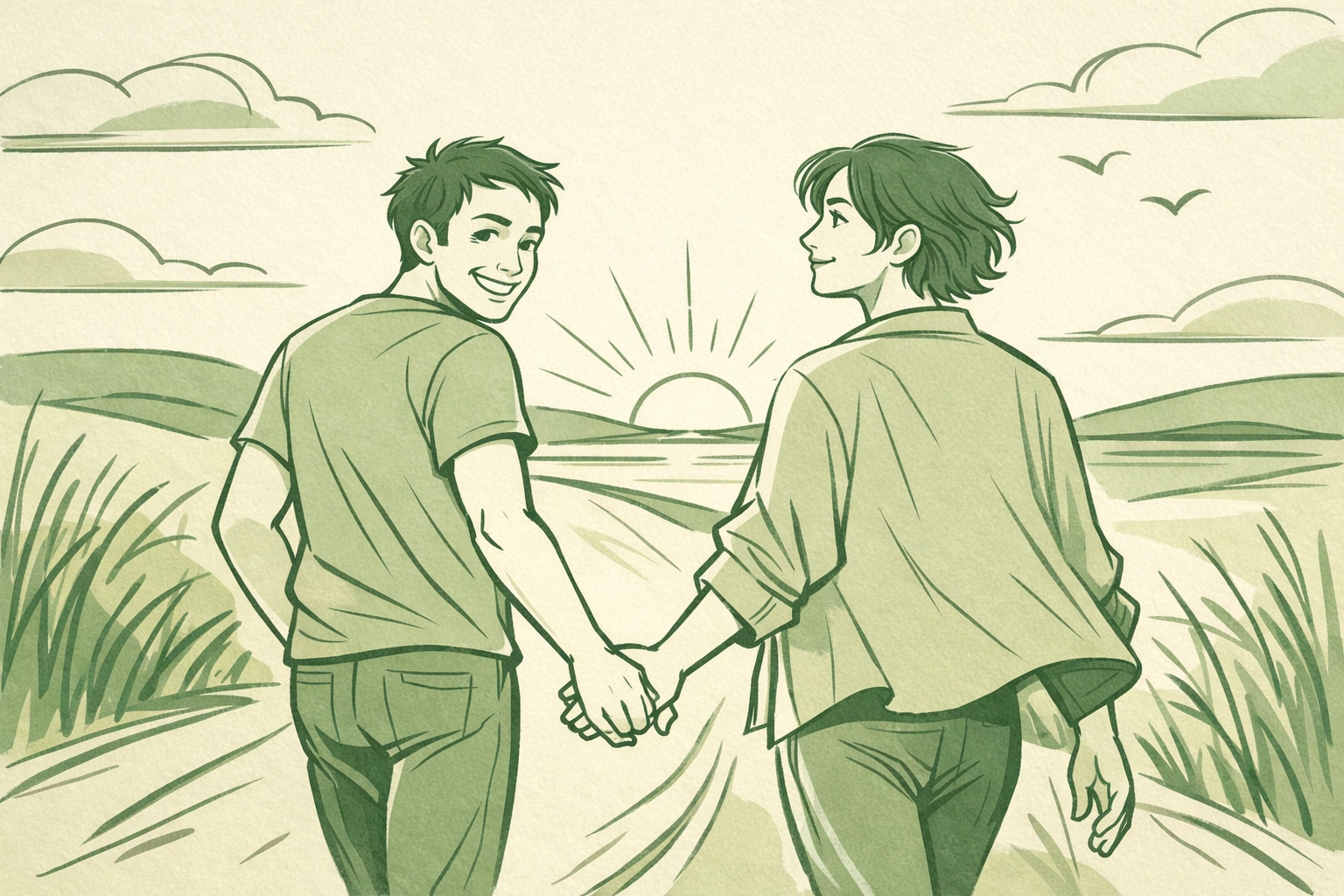 Romantic MM couple walking hand-in-hand toward the horizon, celebrating life beyond the gender binary.