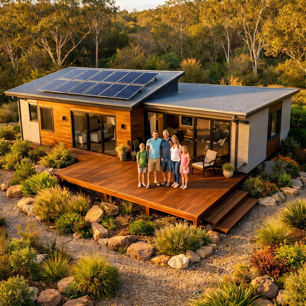 Completed modular home in Australia with solar panels and native landscaping