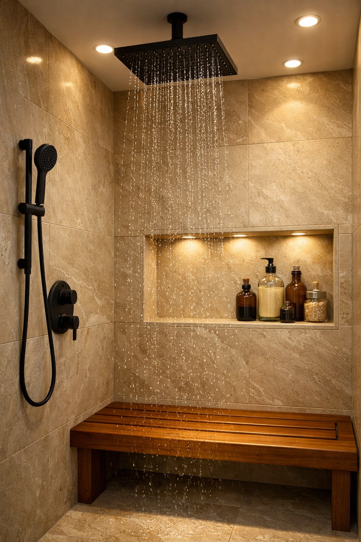 Deluxe bathroom renovation in Ohio showing a stone tile walk-in shower and built-in teak bench.