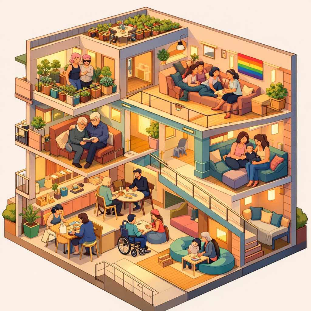 Inclusive housing complex design showing diverse LGBTQ+ families and chosen family living spaces