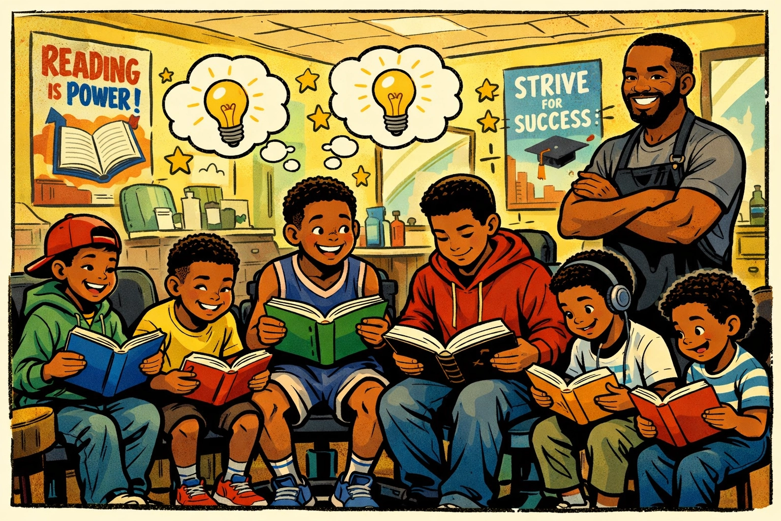 Young men engaged in barbershop literacy program with mentor in welcoming community space