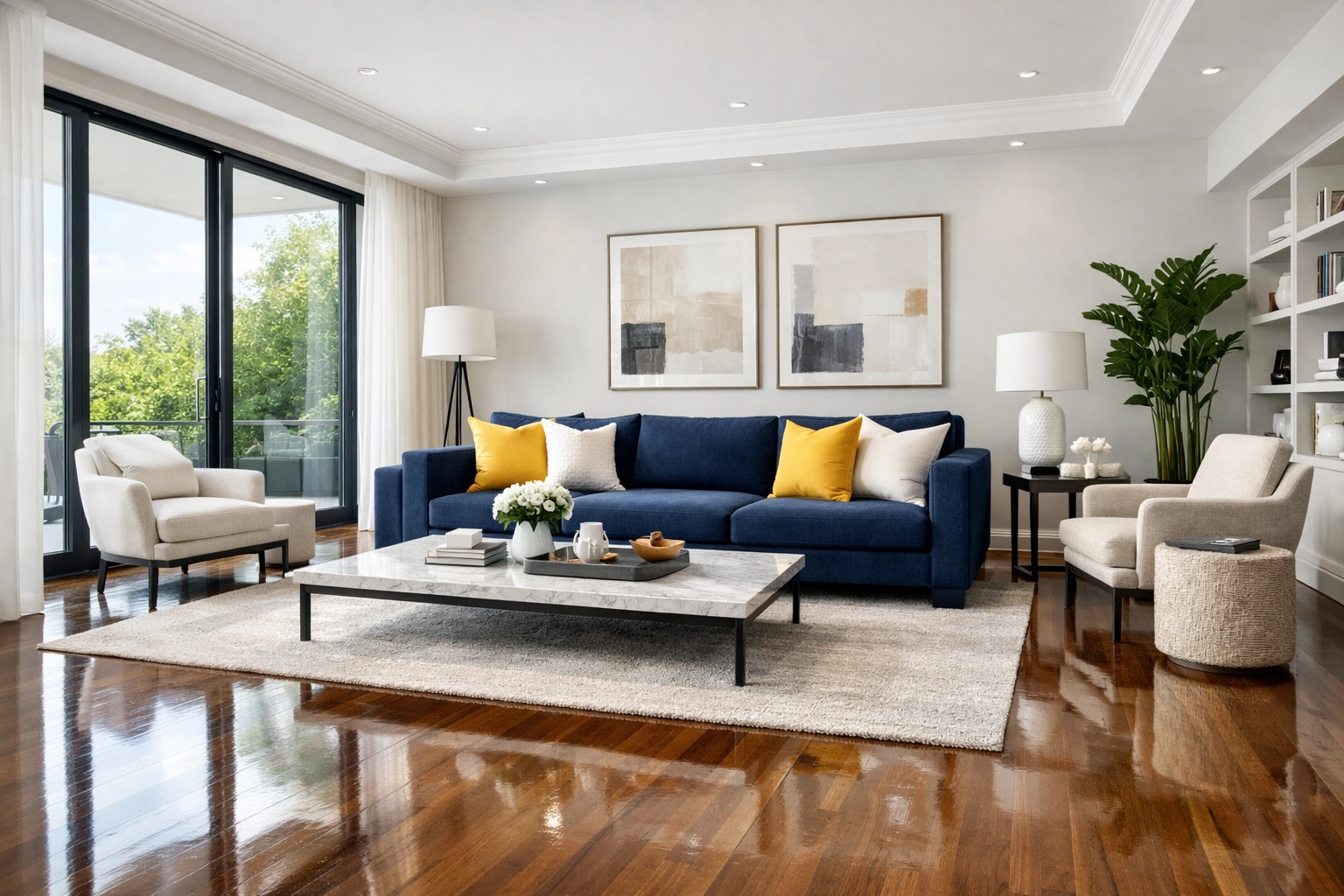 Clean and healthy living room sanctuary with polished floors after non-toxic cleaning.