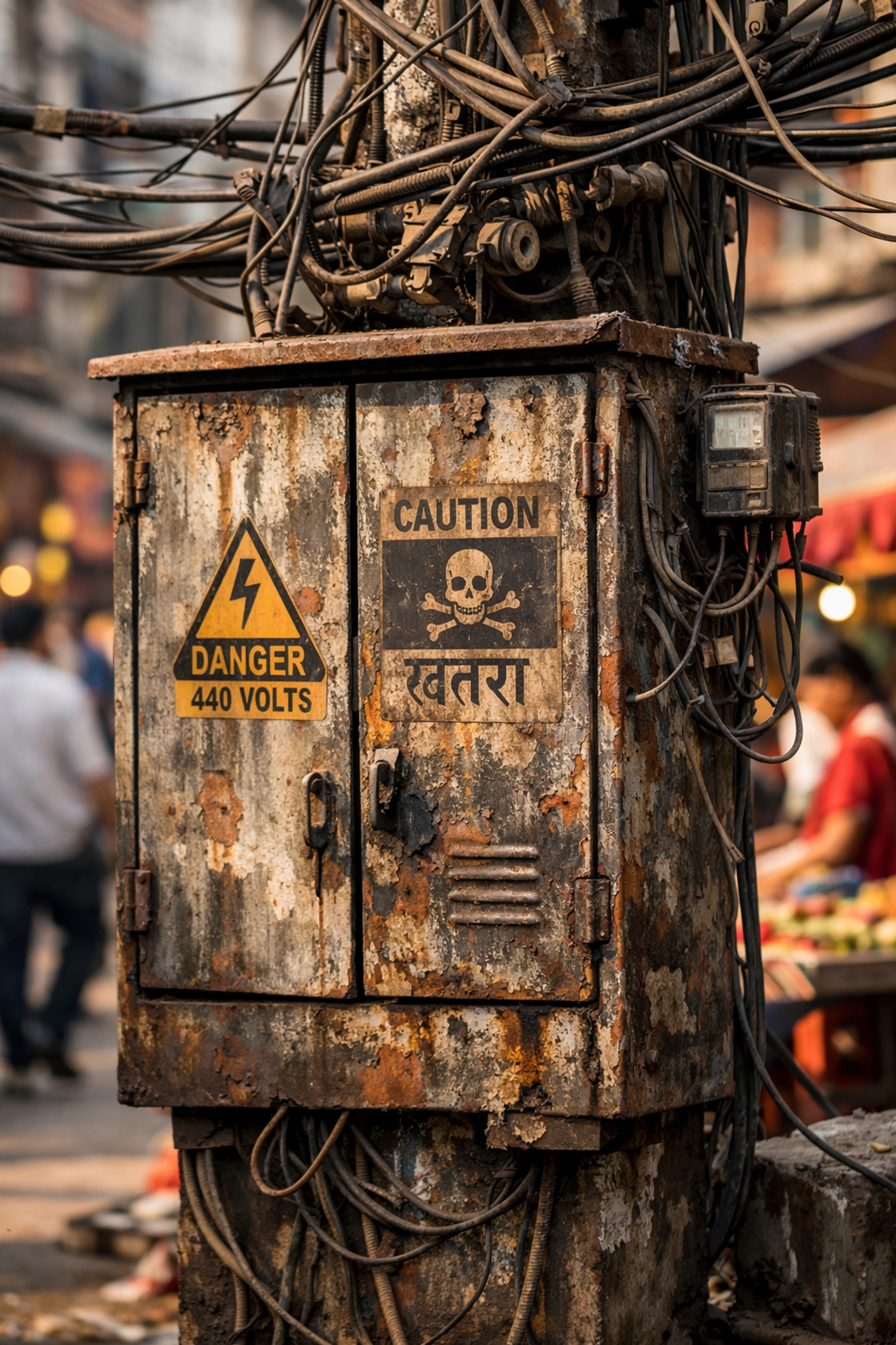 Corroded conventional LT distribution box in a public marketplace causing transformer stress and safety hazards.