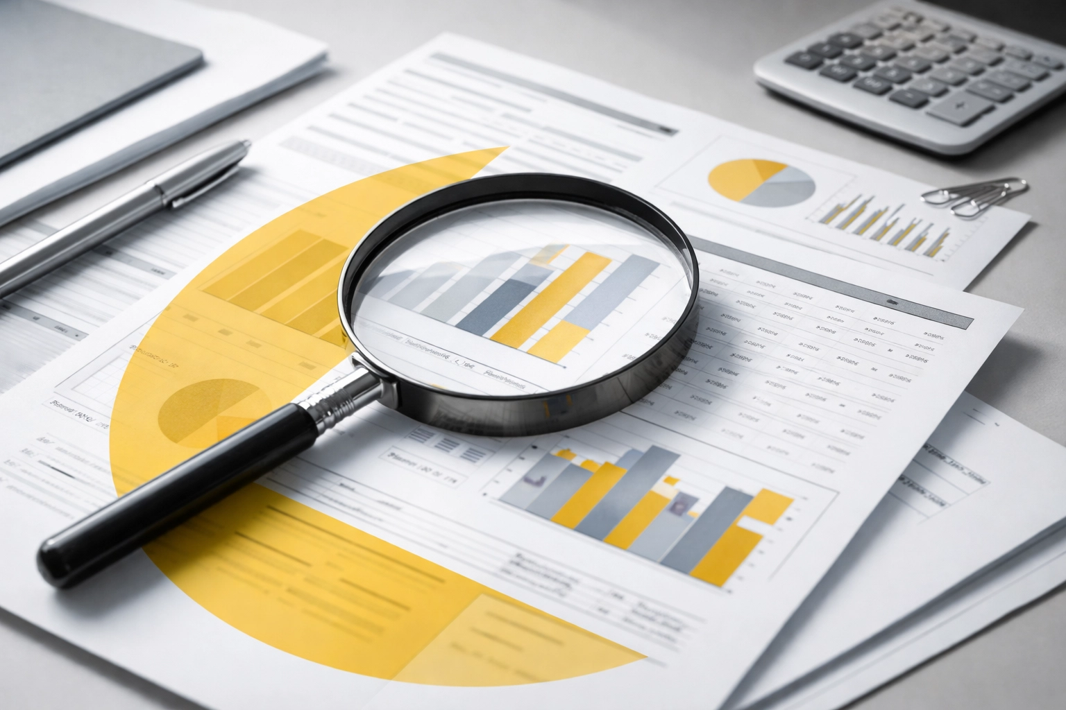 Magnifying glass inspecting business documents symbolizes evaluating Amazon agency credentials and pricing.
