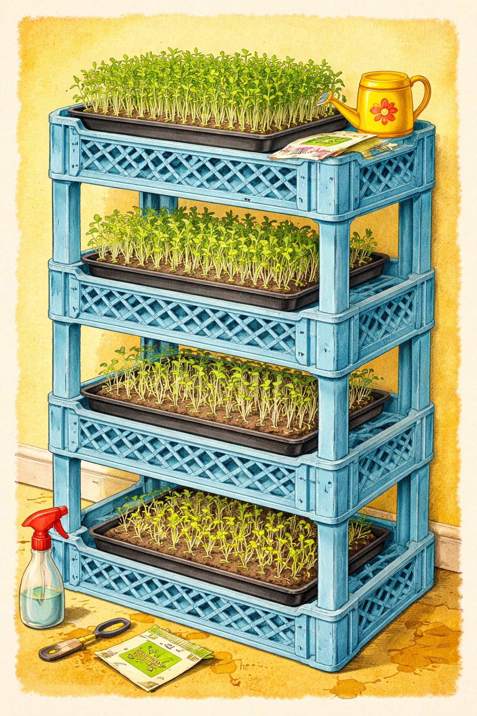 Cross-section of stacked milk crates used as vertical shelving for microgreens at various stages of growth