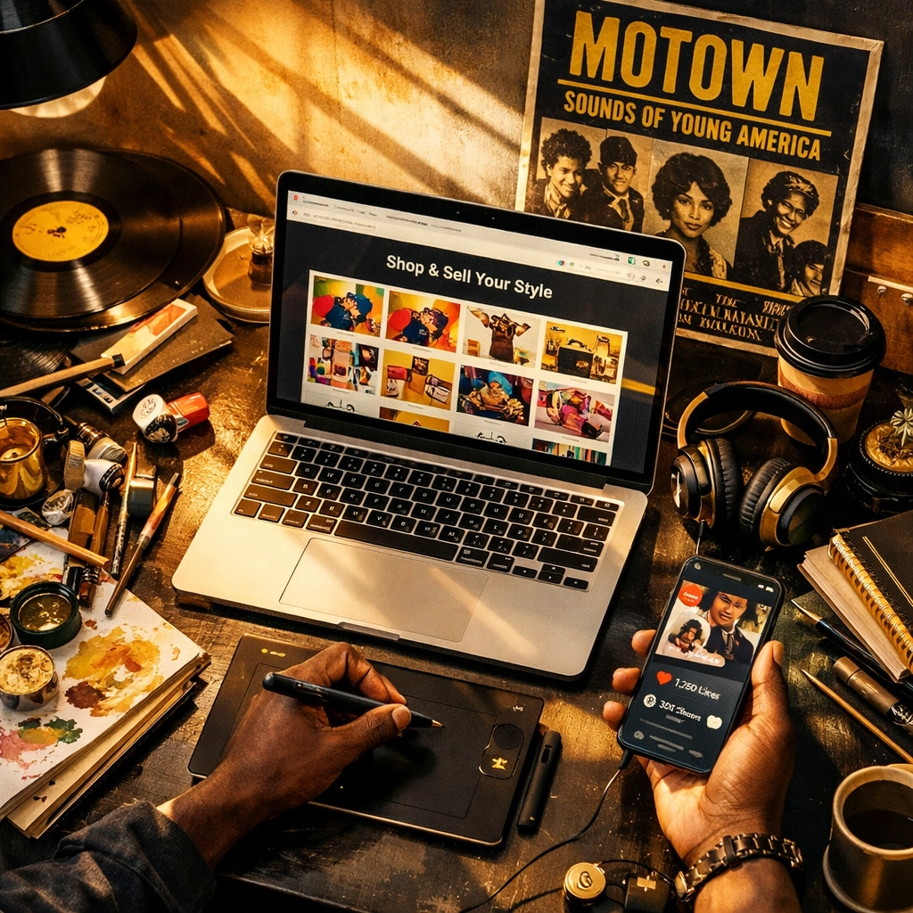 Black creative entrepreneur workspace with laptop displaying online marketplace and cultural memorabilia