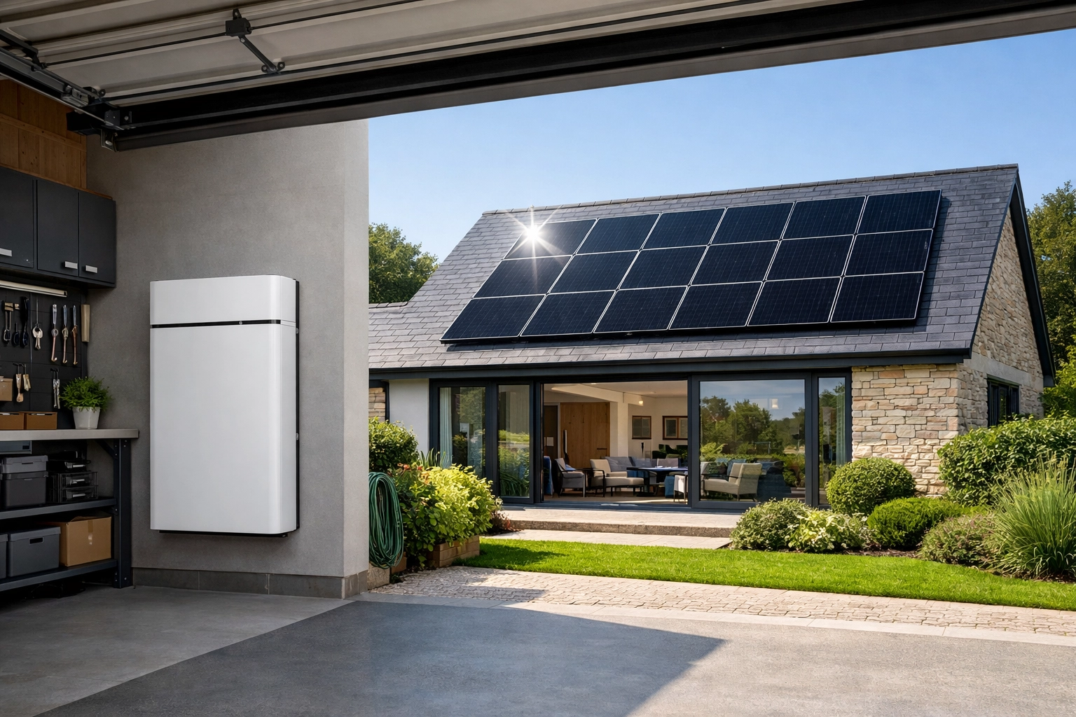 Professional solar panel installation and home battery storage system for a modern Dorset residence.