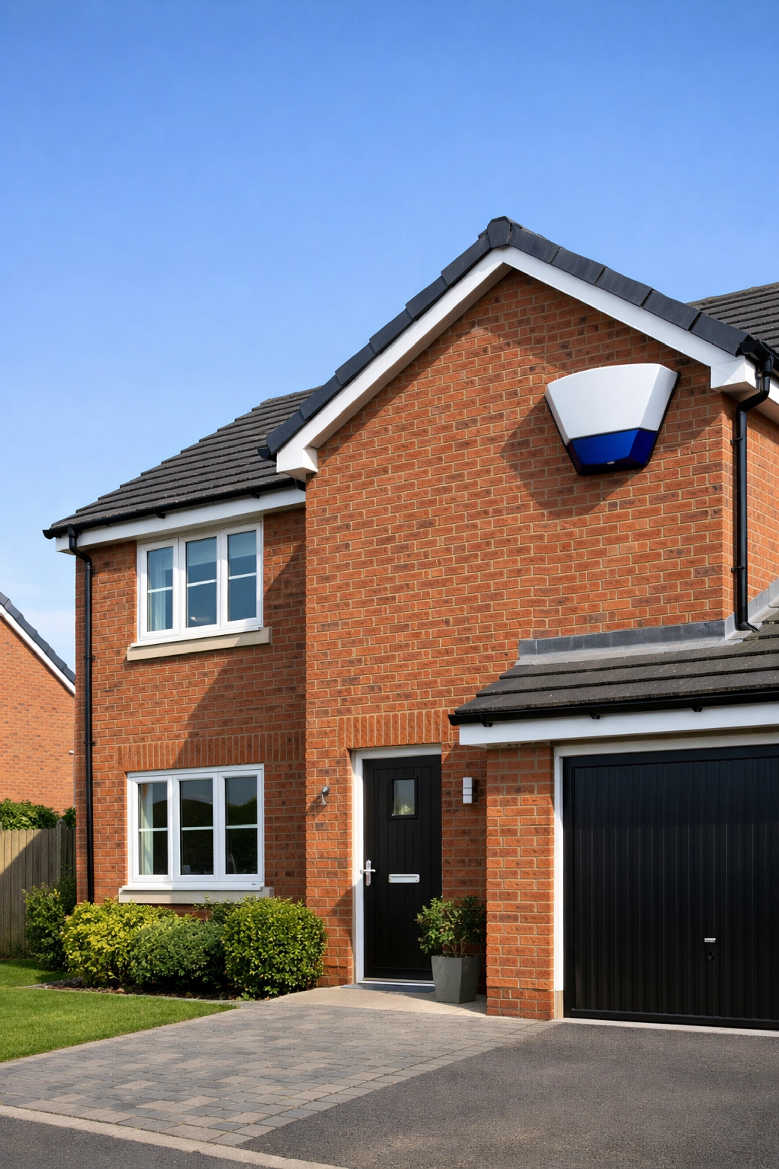 Professional intruder alarm bell box installed on a modern red-brick home in Worcester.