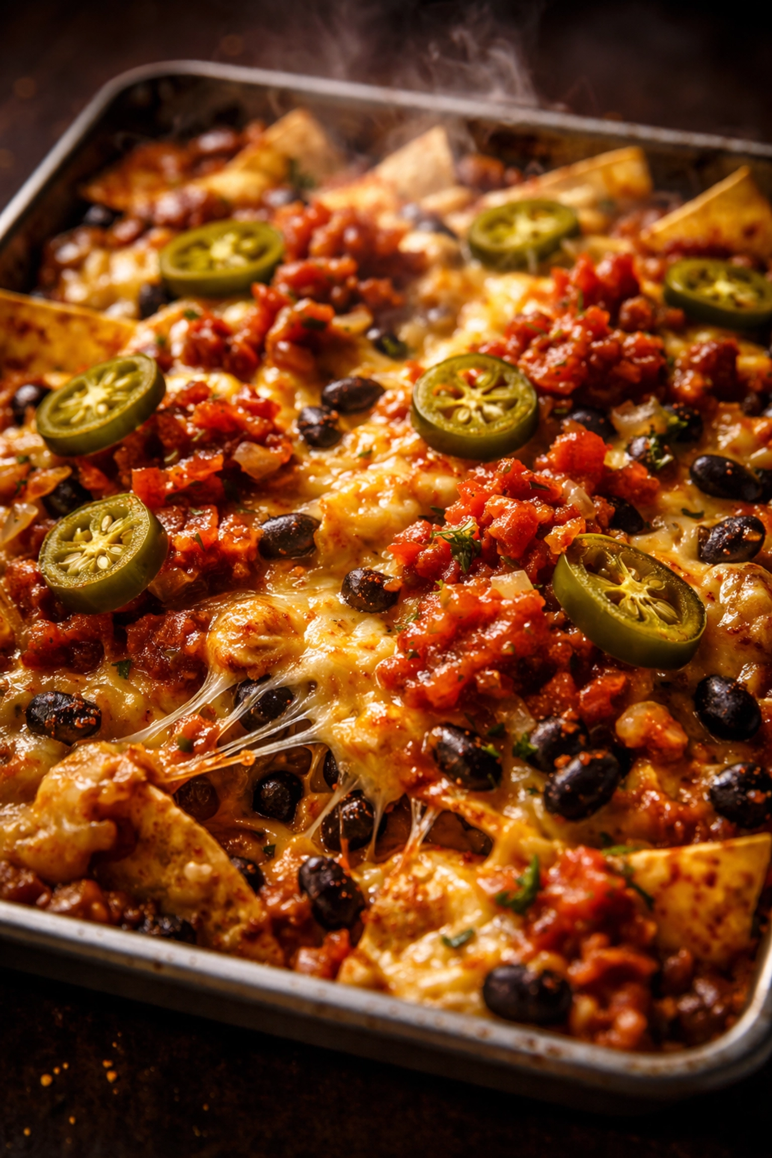 Quick 5-Ingredient Sheet Pan Nachos Sheet pan nachos fresh from the oven with melted cheese, black beans, salsa, and jalapeños bubbling hot