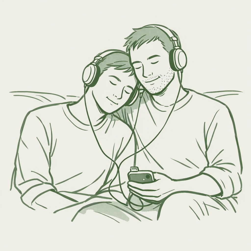 Gay men sharing headphones listening to LGBTQ+ podcast together