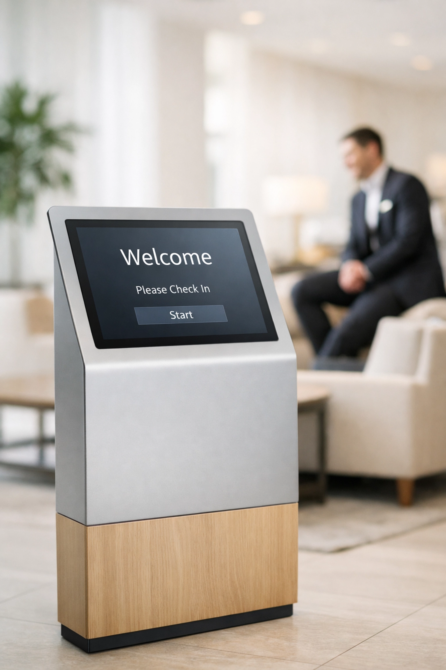 Modern self-check-in kiosks in a hotel lobby powered by a cloud-native hotel PMS.