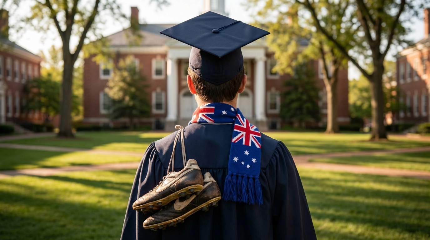 Australian student-athlete graduation on US university campus with soccer boots over shoulder