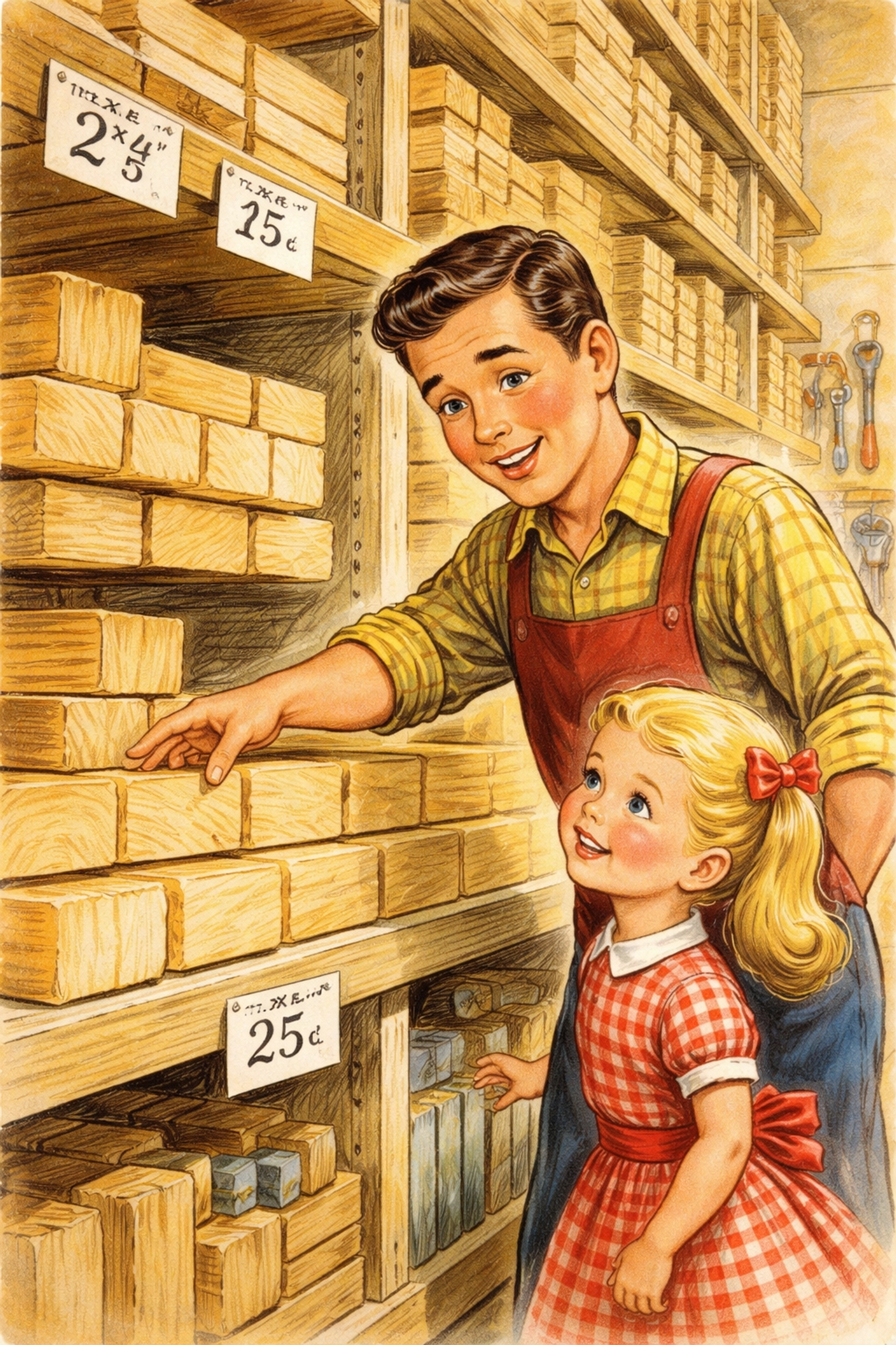 Father and daughter picking out wooden beams at a hardware store for a DIY backyard balance beam project