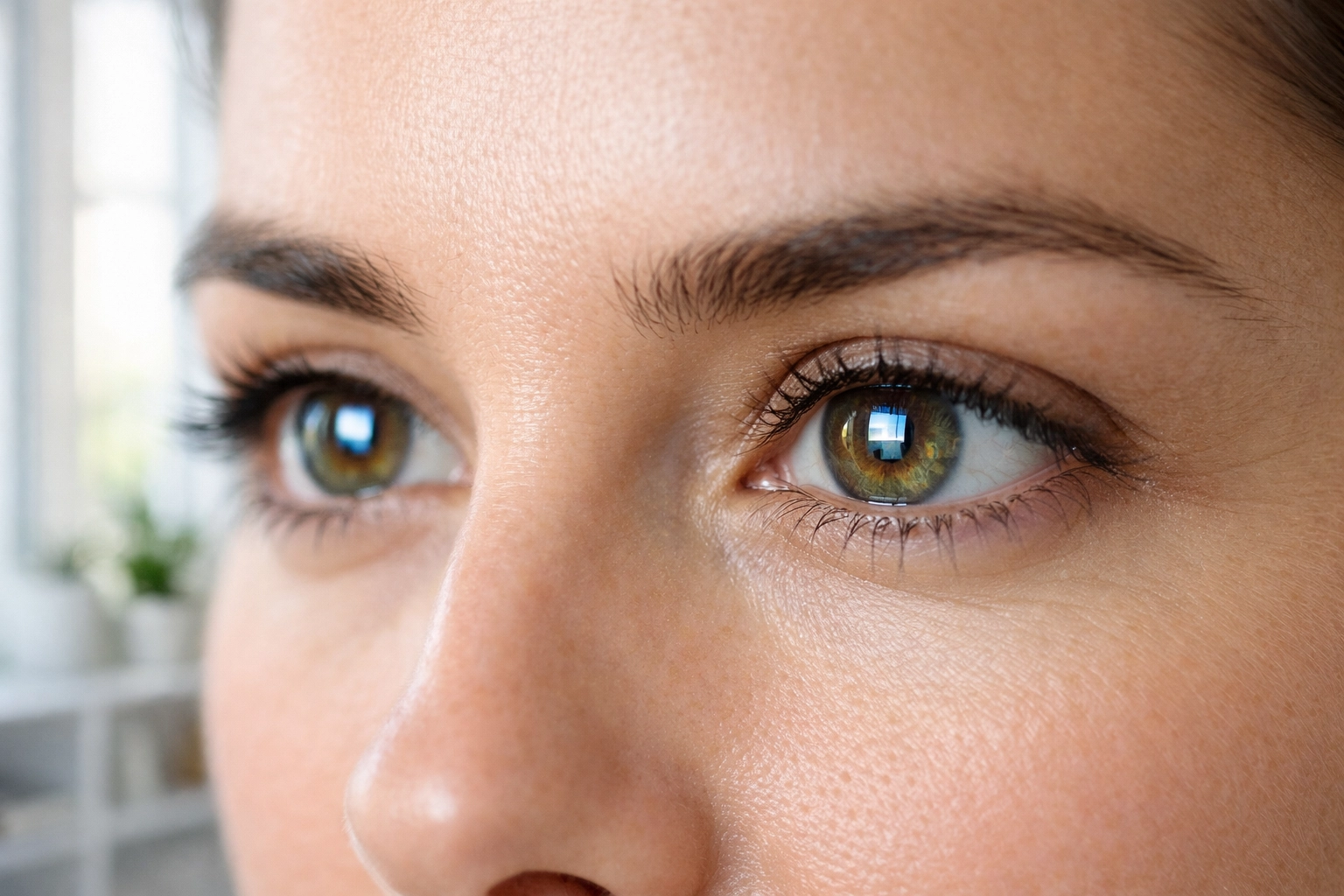 Healthy eyes reflecting digital screen light, illustrating blue light filtering from a lutein complex.