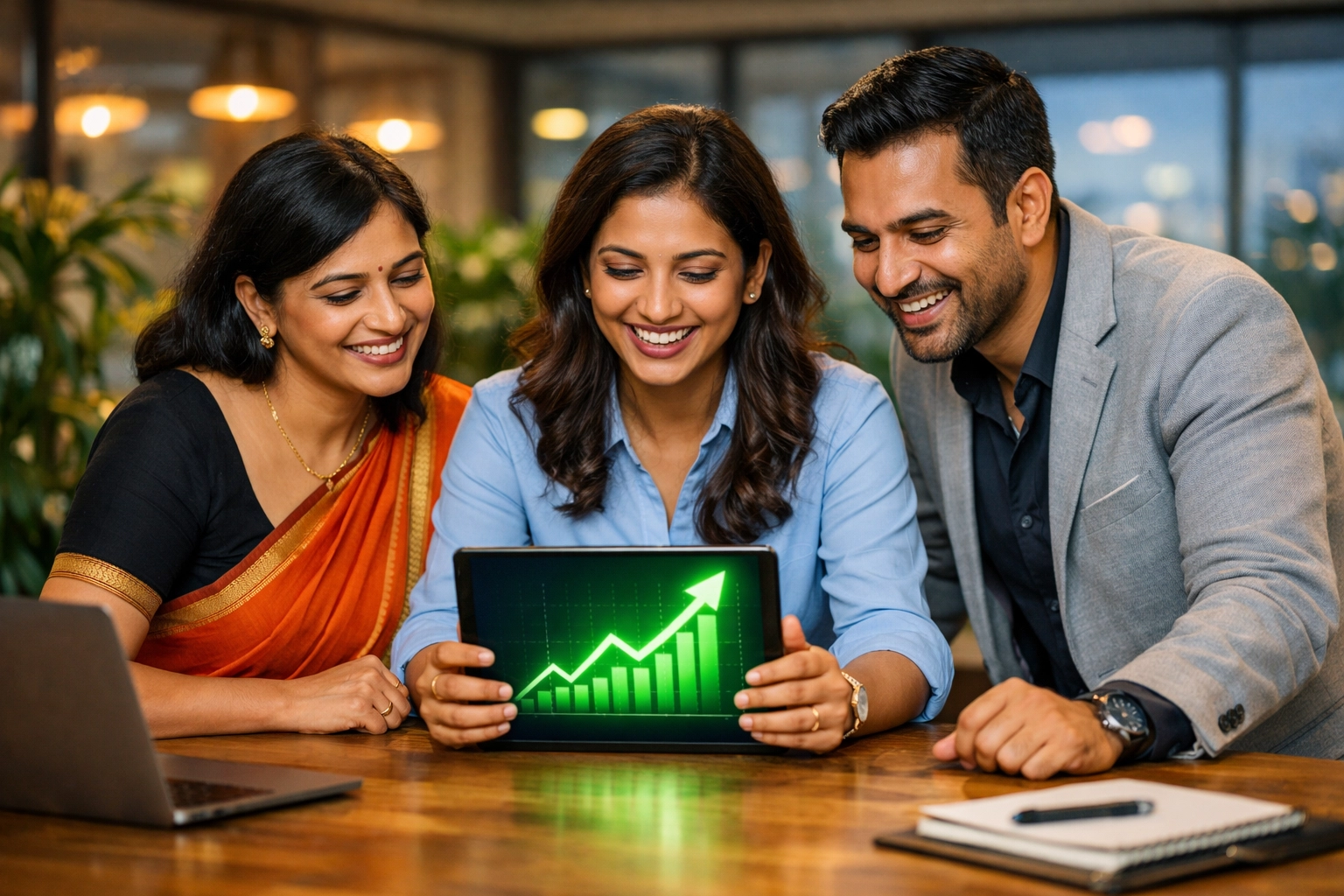 Indian entrepreneurs celebrating business growth and ease of doing business under Jan Vishwas 2.0.