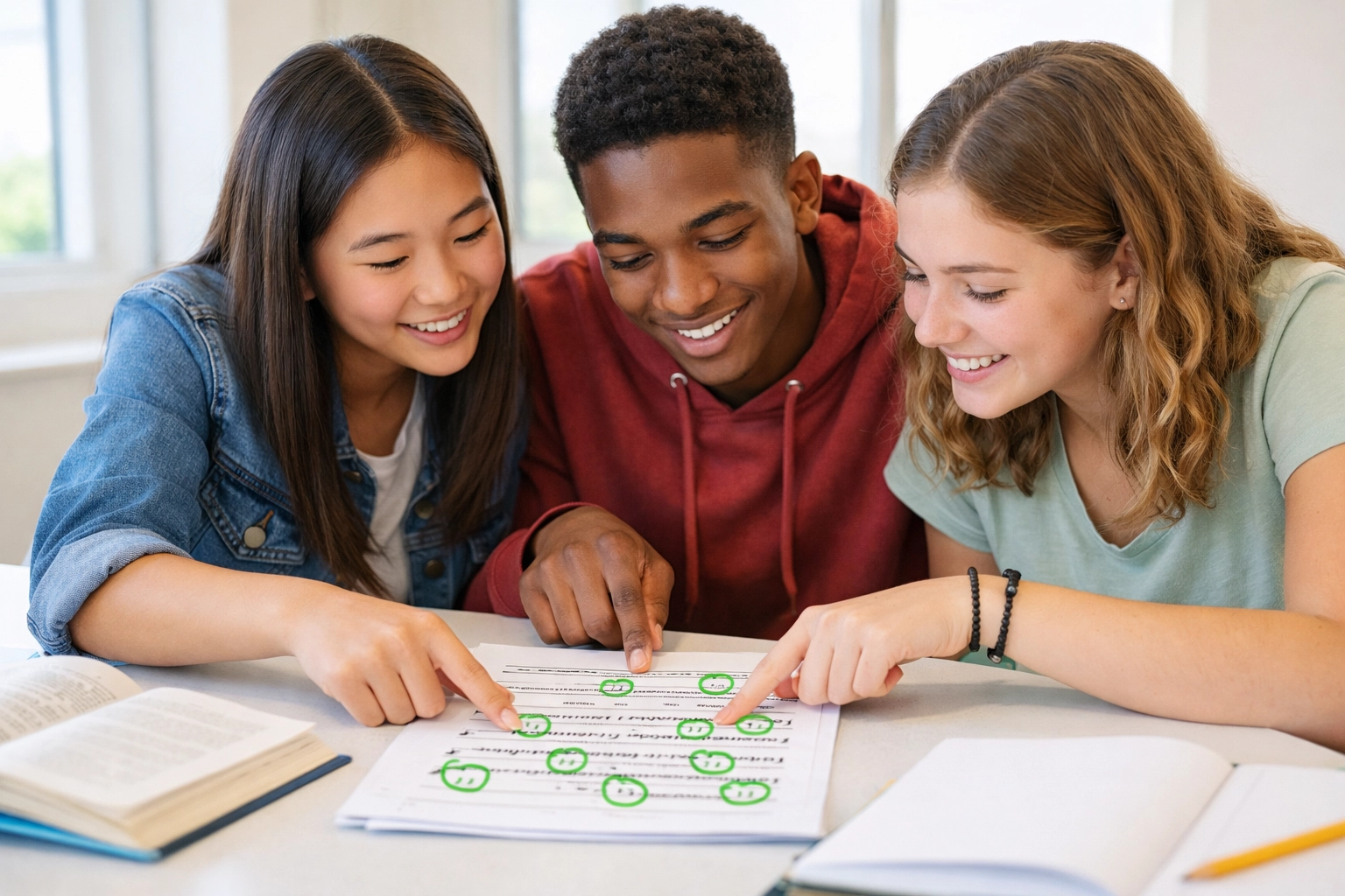 High school students collaborating on SAT Writing & Language punctuation practice