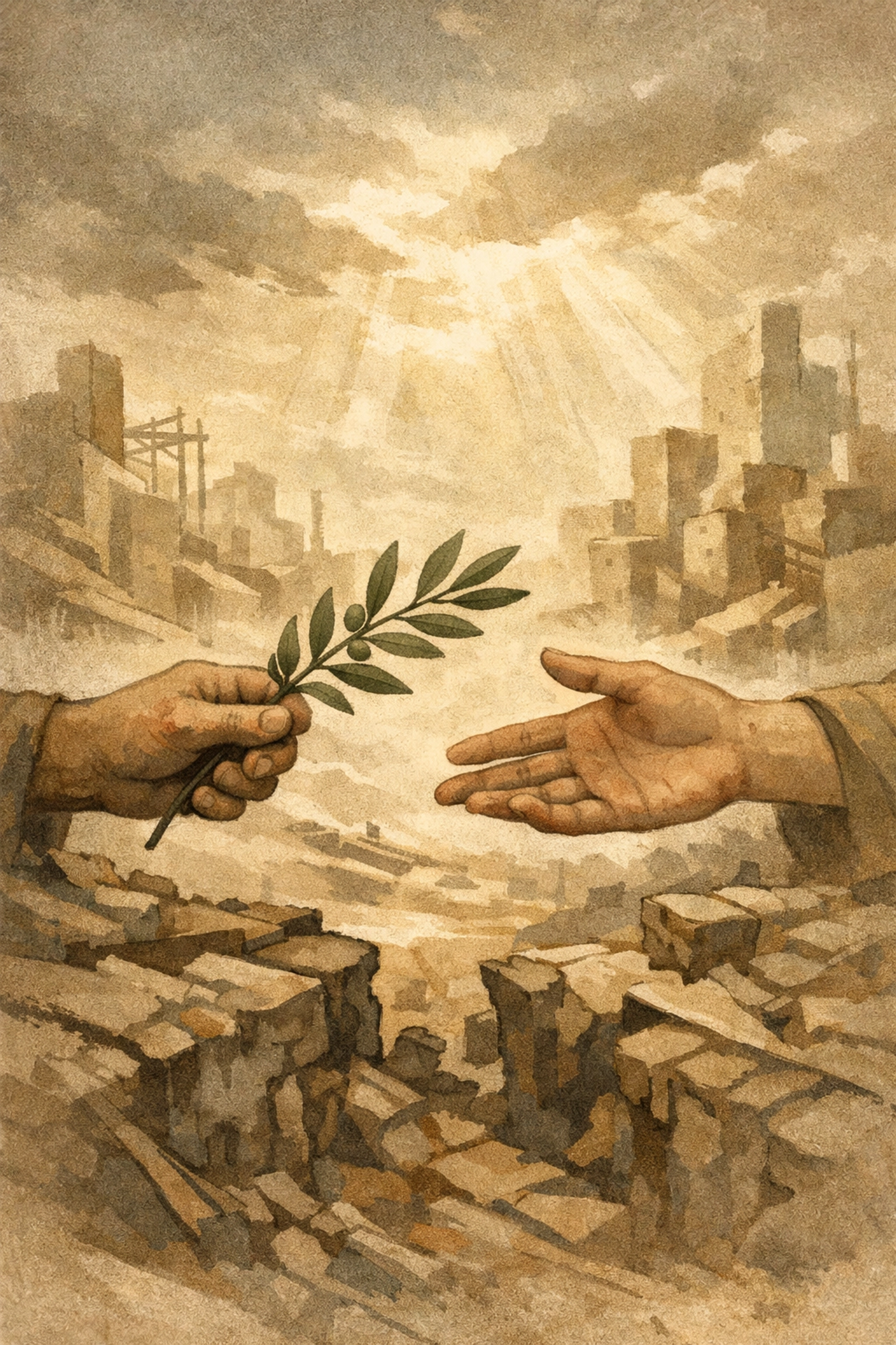 Hands offering olive branch across divide symbolizing peacemaking and diplomatic reconciliation