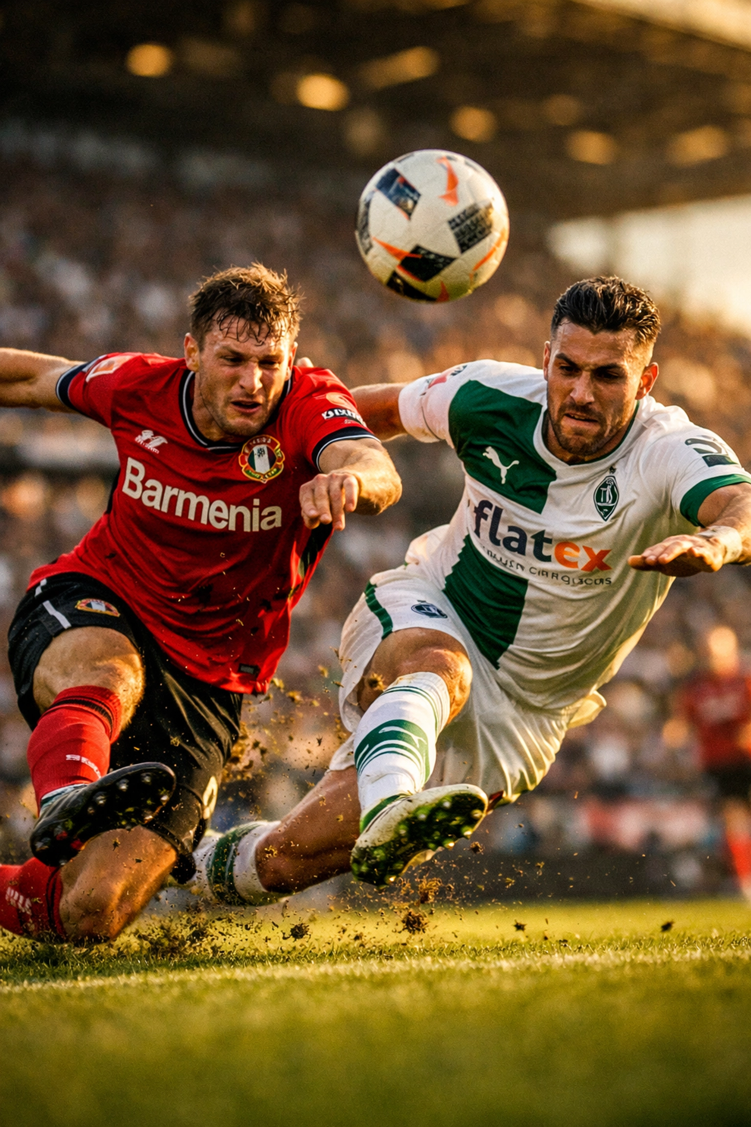 Gladbach and Leverkusen players battling for the ball in midfield during Bundesliga derby